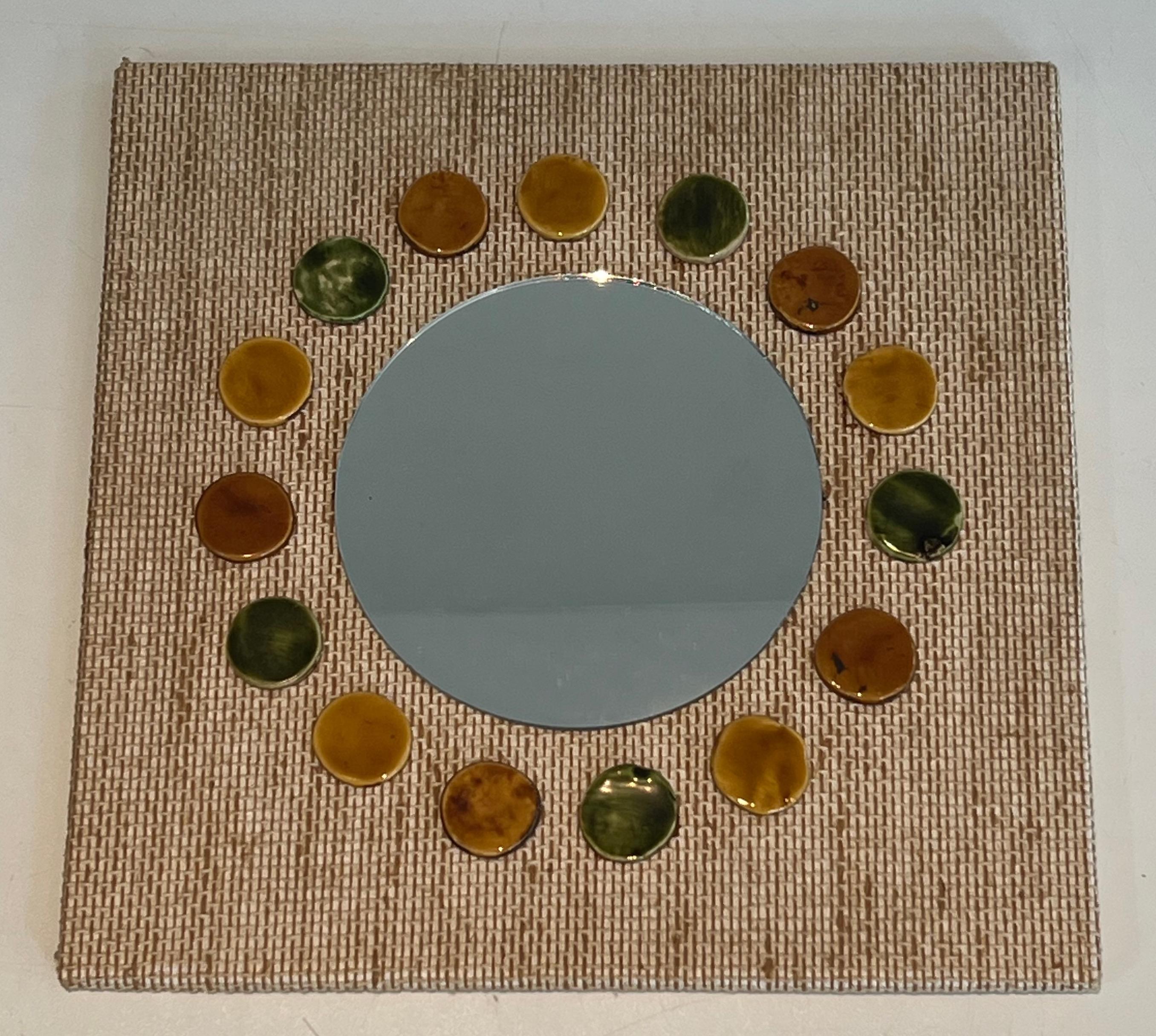 Small square mirror made of raffia en colored ceramics round elements.  For Sale 5