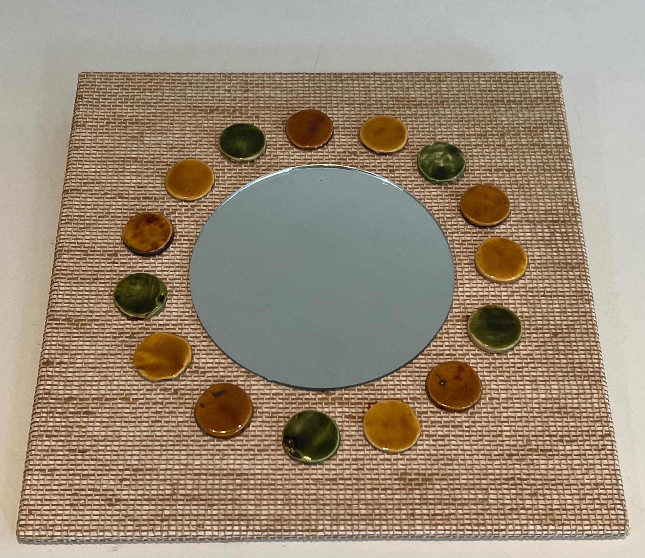 Small square mirror made of raffia en colored ceramics round elements.  For Sale 6