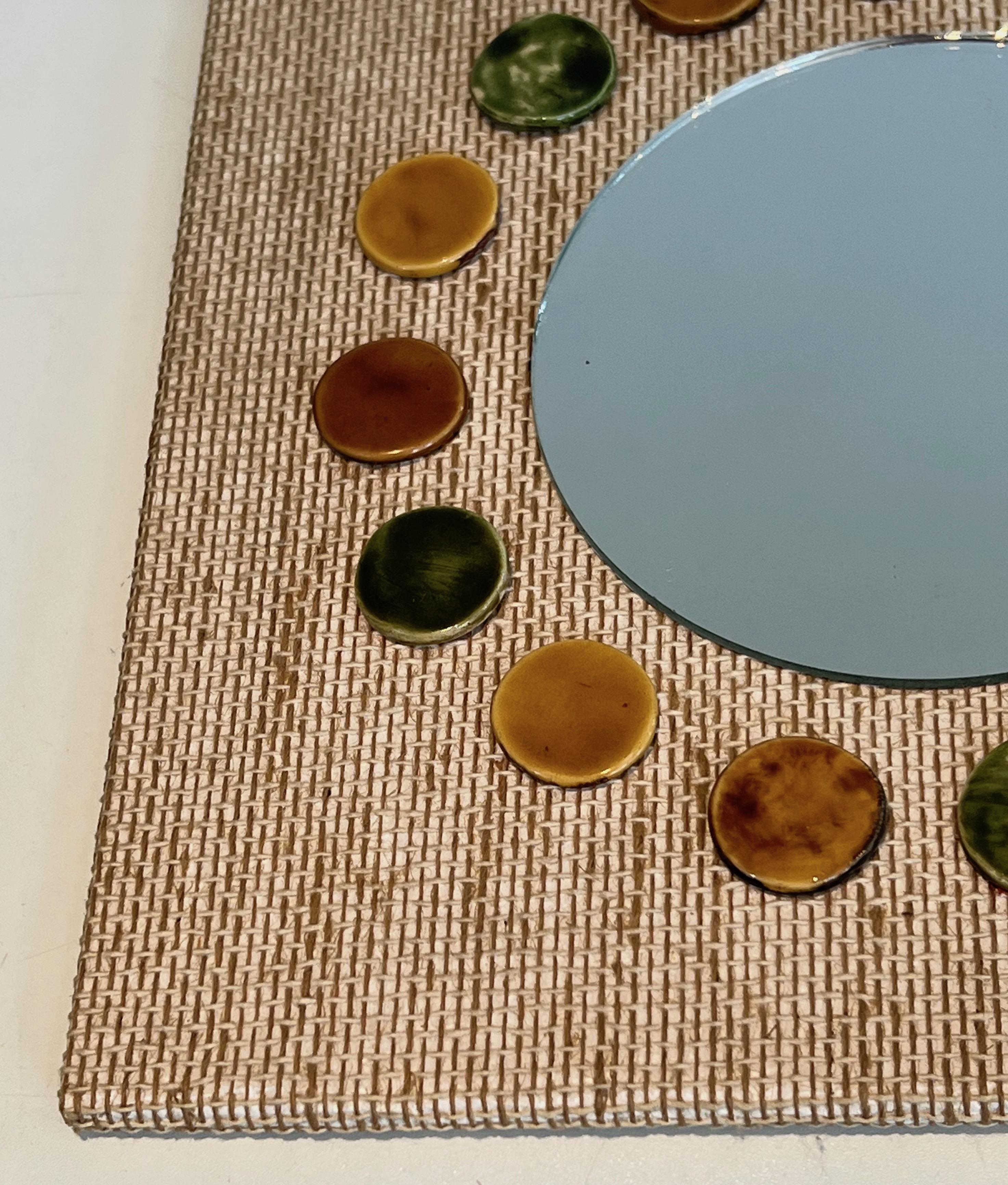 Small square mirror made of raffia en colored ceramics round elements.  For Sale 7