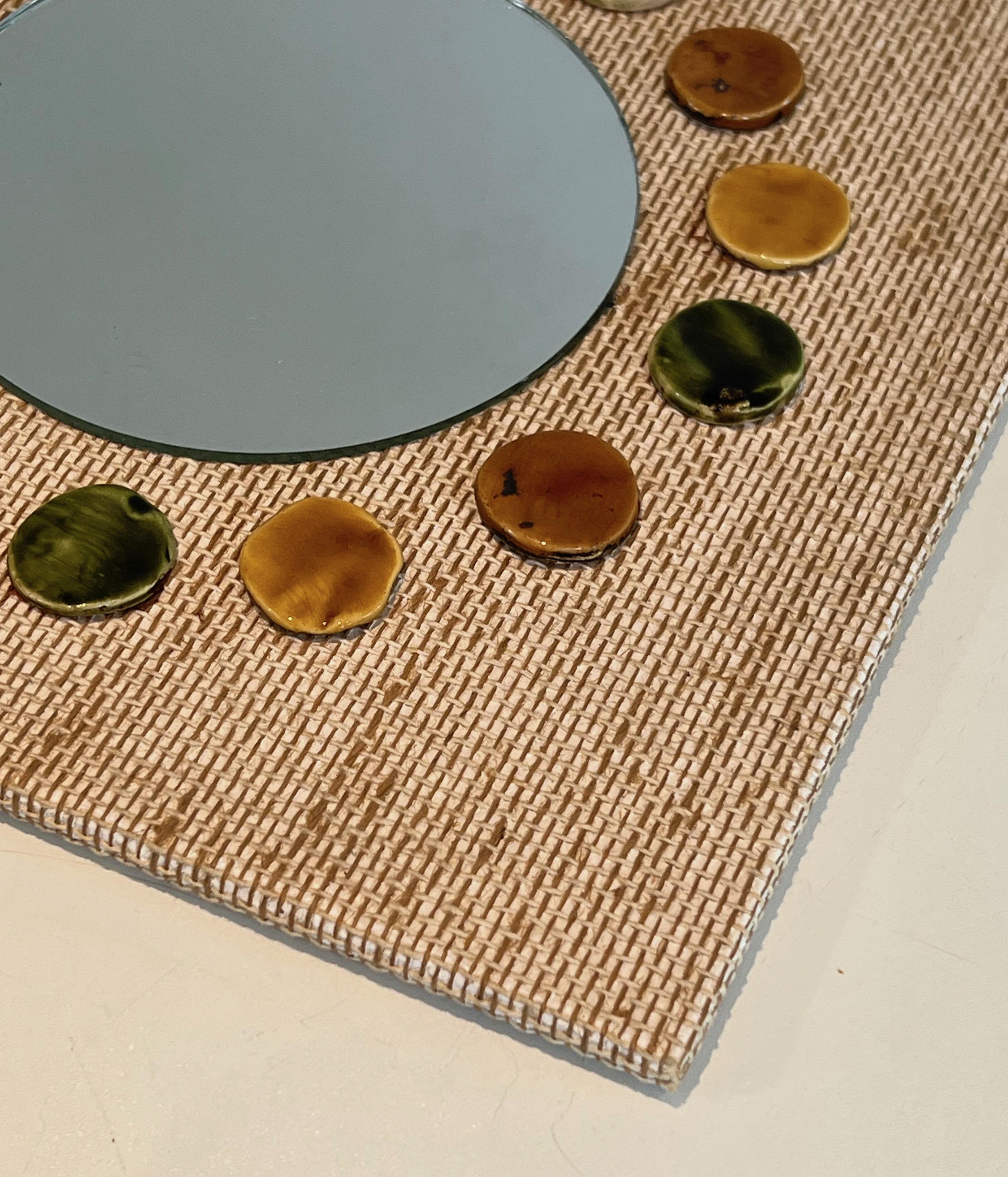 Small square mirror made of raffia en colored ceramics round elements.  For Sale 8