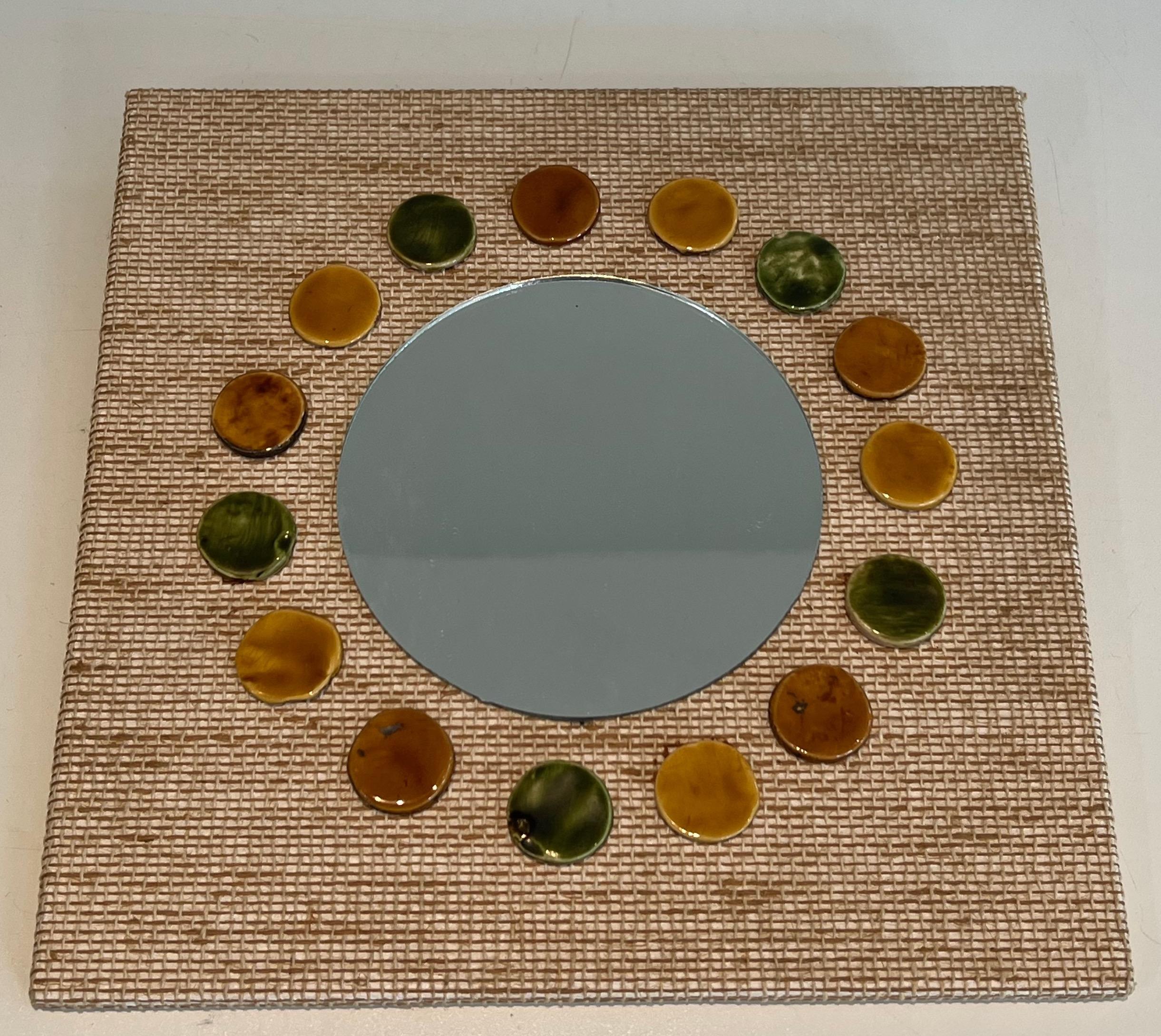 Mid-Century Modern Small square mirror made of raffia en colored ceramics round elements.  For Sale