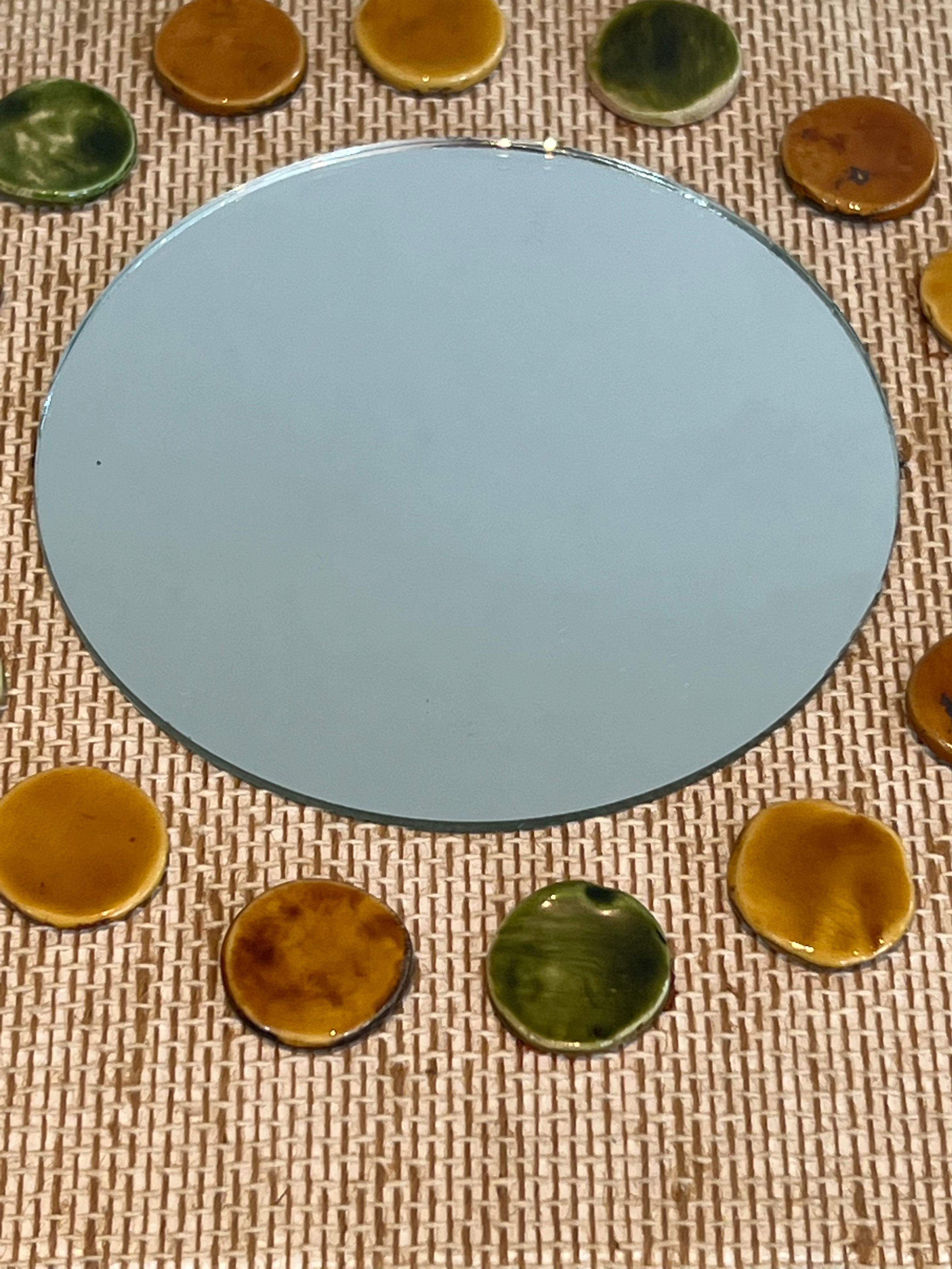 Small square mirror made of raffia en colored ceramics round elements.  For Sale 1