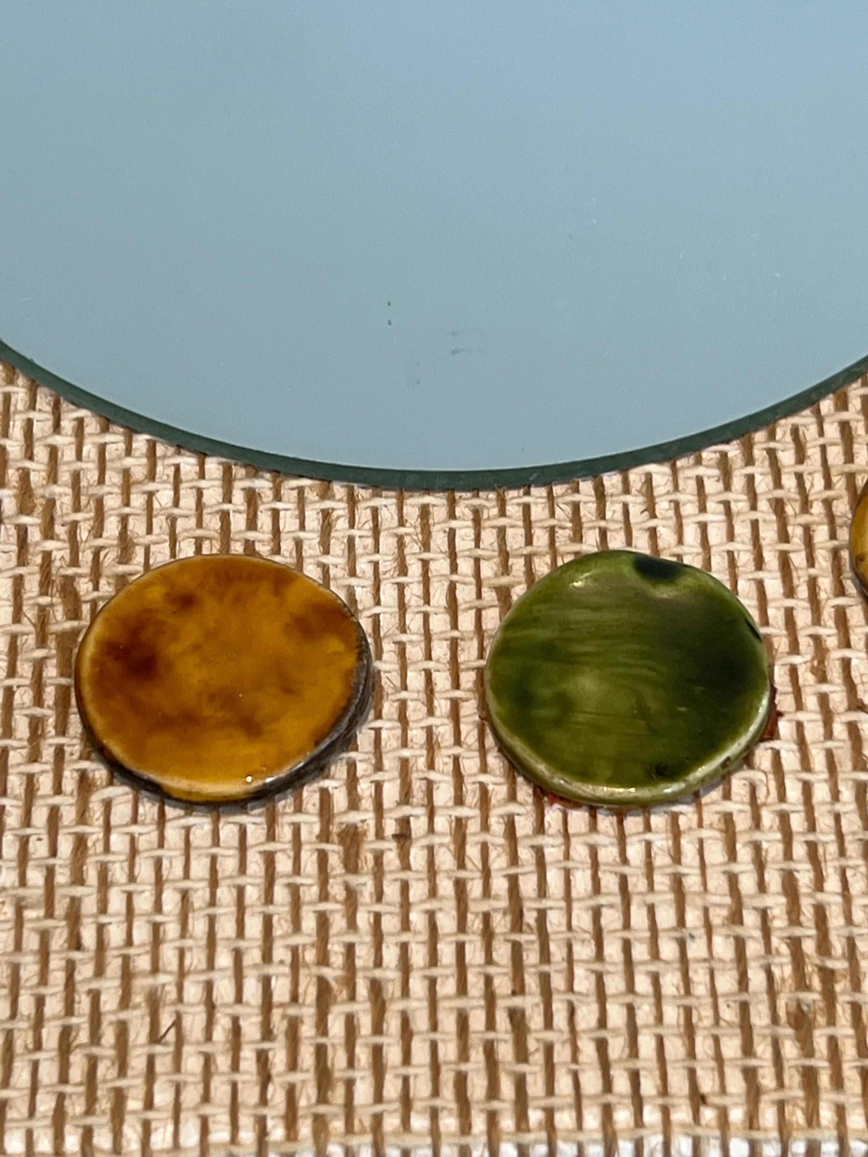 Small square mirror made of raffia en colored ceramics round elements.  For Sale 2