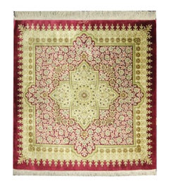 Small Square Rug Silk Handmade Carpet, Oriental Red Cream Wool Rug