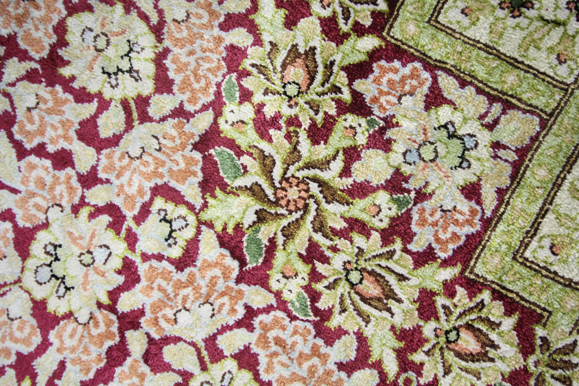Azerbaijani Small Square Rug Silk Handmade Carpet, Oriental Red Cream Wool Rug For Sale