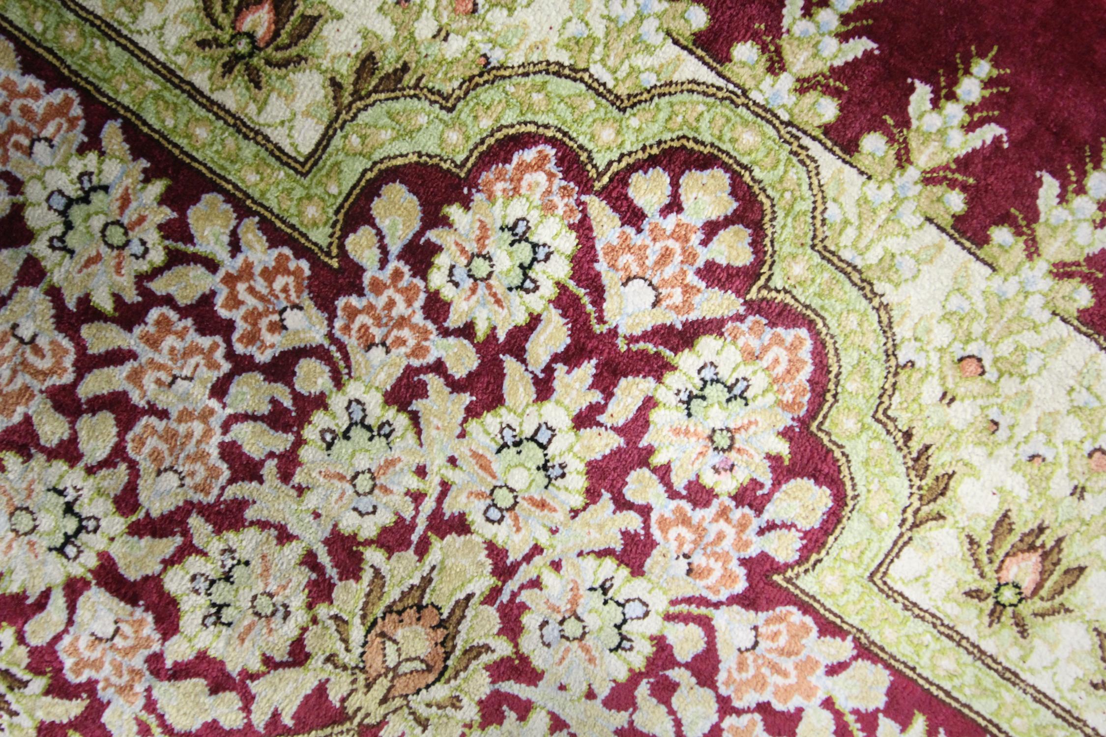 Vegetable Dyed Small Square Rug Silk Handmade Carpet, Oriental Red Cream Wool Rug For Sale