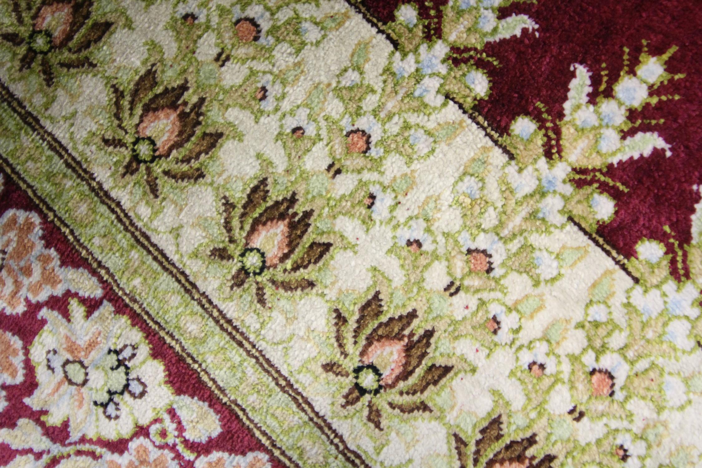 20th Century Small Square Rug Silk Handmade Carpet, Oriental Red Cream Wool Rug For Sale