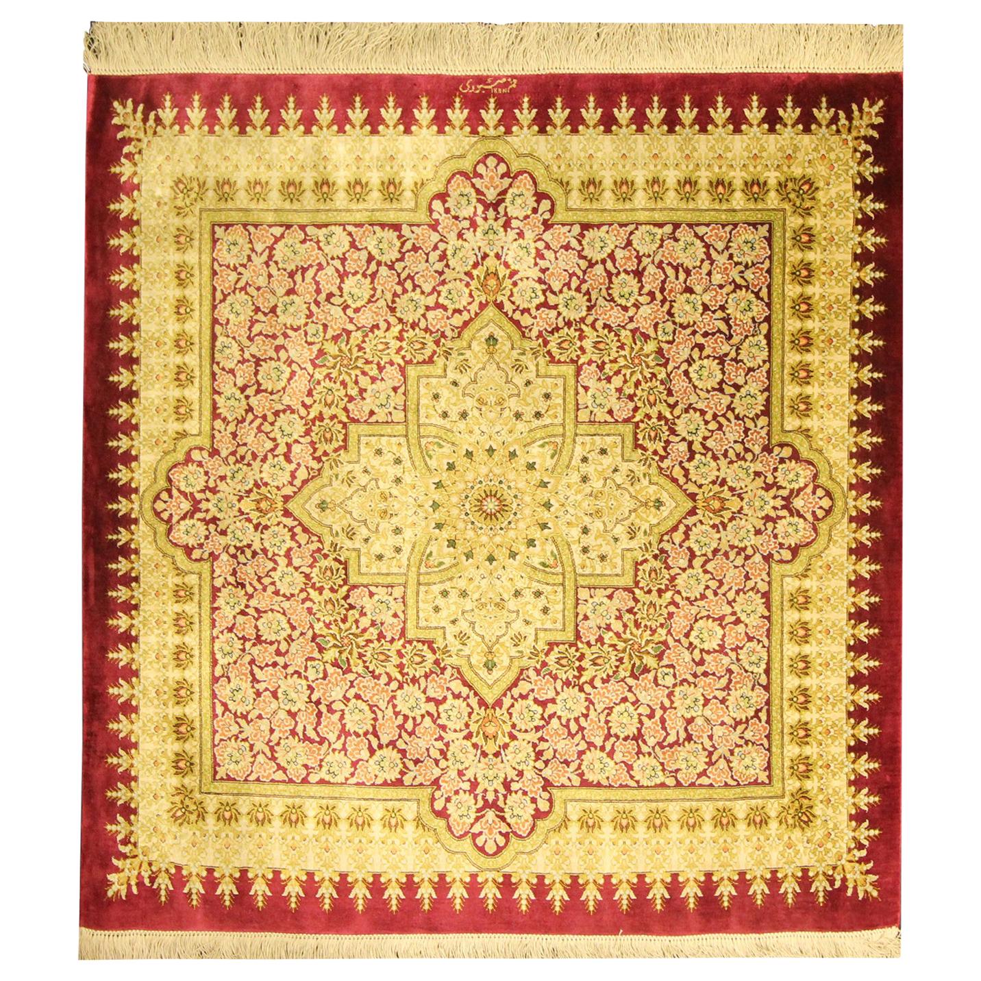 Small Square Rug Silk Handmade Carpet, Oriental Red Cream Wool Rug