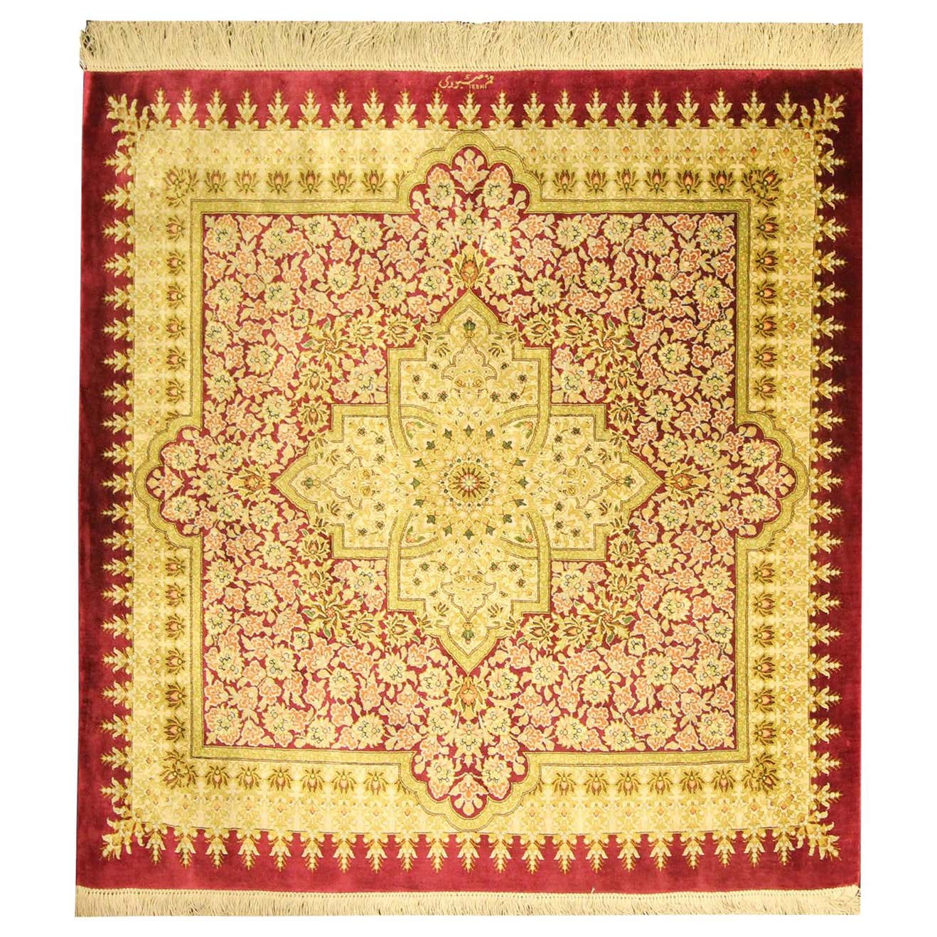 Small Square Rug Silk Handmade Carpet, Oriental Red Cream Wool Rug For ...