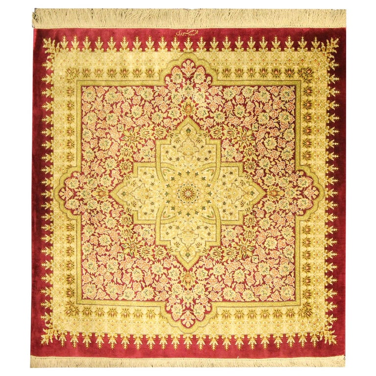 Small Square Rug Silk Handmade Carpet, Oriental Red Cream Wool Rug For Sale  at 1stDibs | small square rugs, small handmade rugs