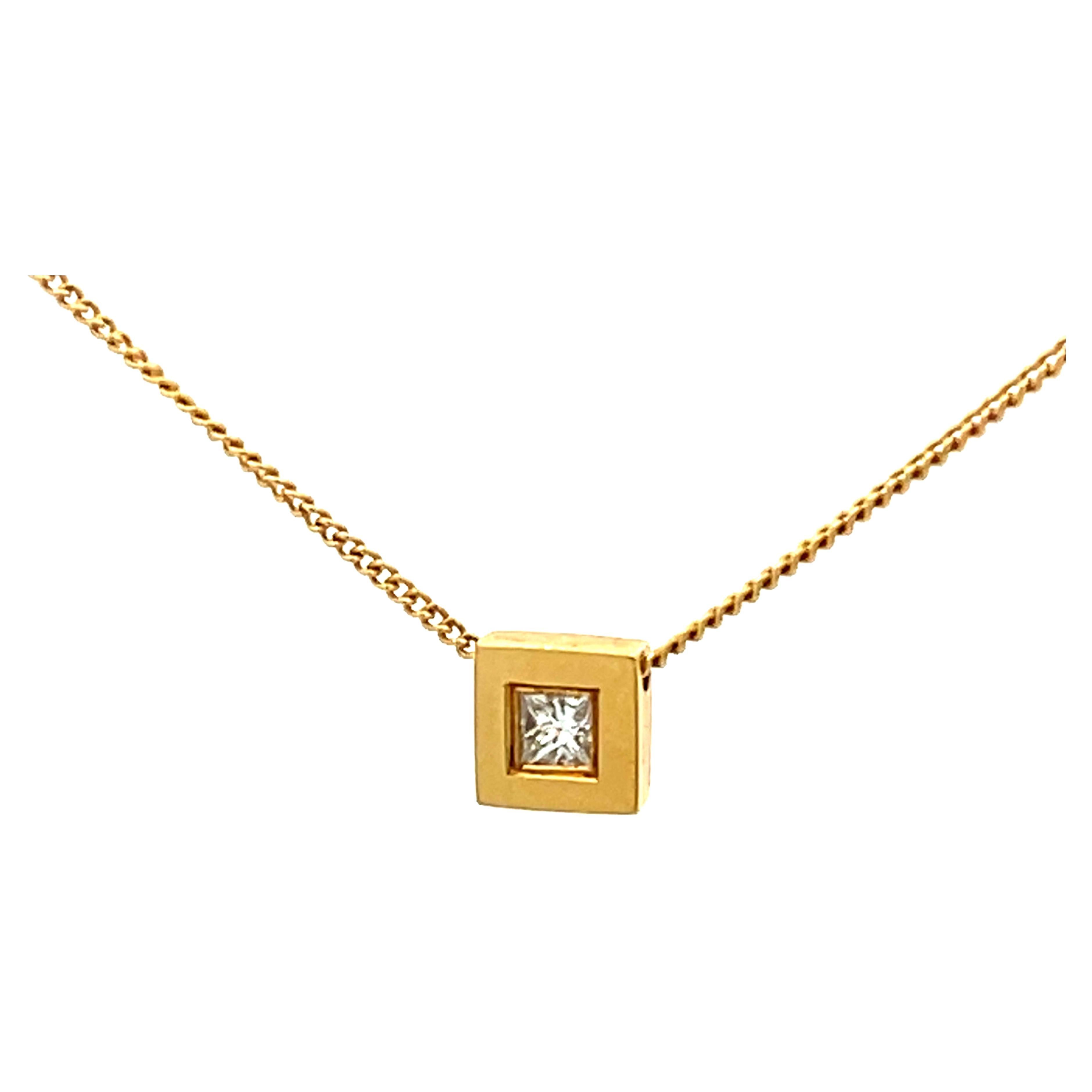 Small Square Single Diamond Necklace in 18k Yellow Gold