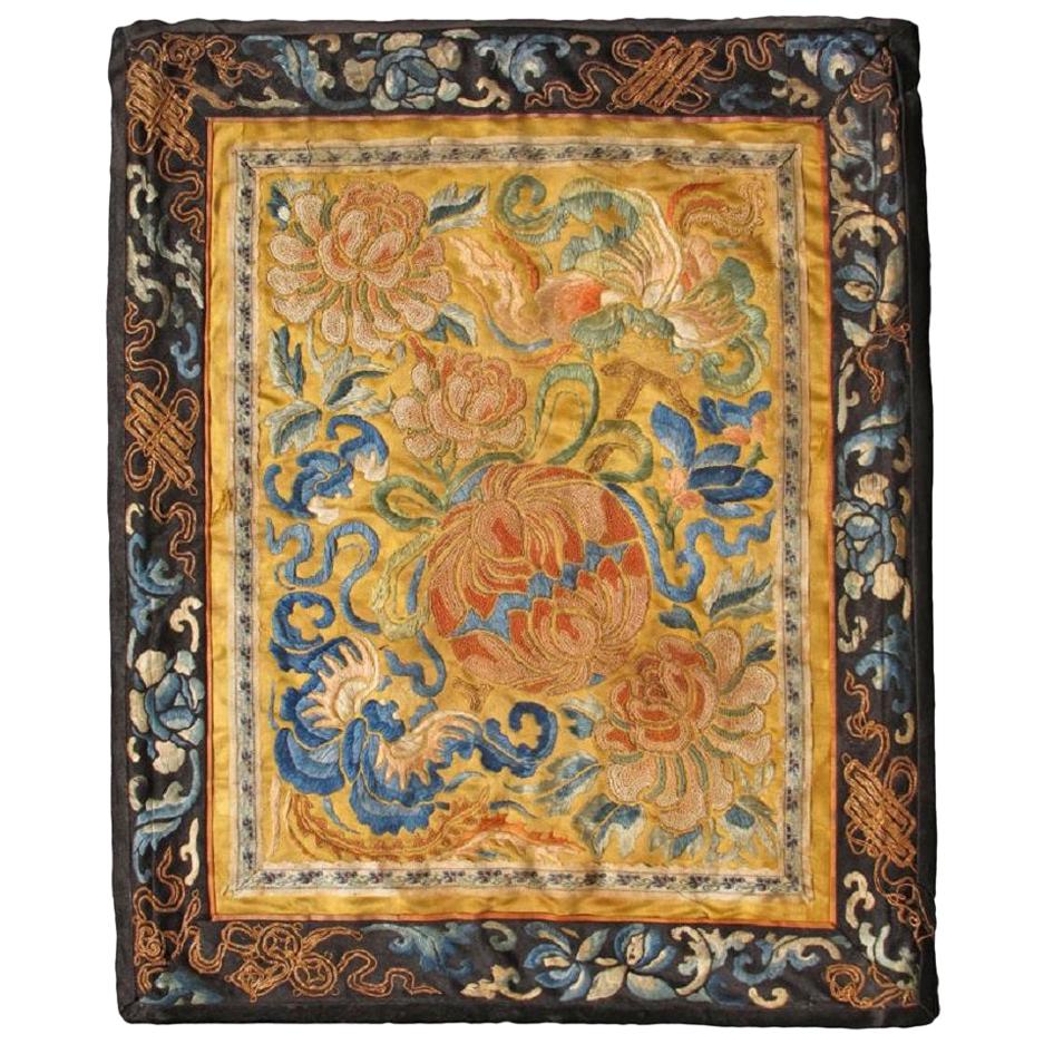 Antique Chinese Silk Tapestry with Flower in Gold and Black For Sale