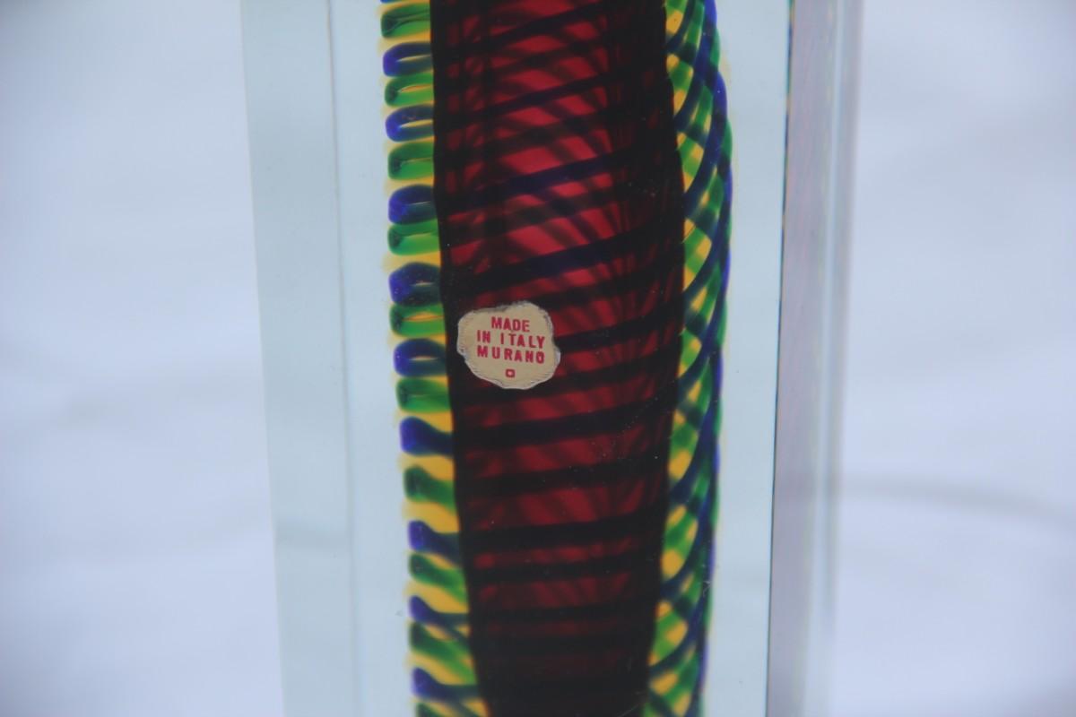 Mid-Century Modern Petit carré massif  Vase en verre de Murano intérieur, couleurs verte, jaune et rouge, années 1960 en vente