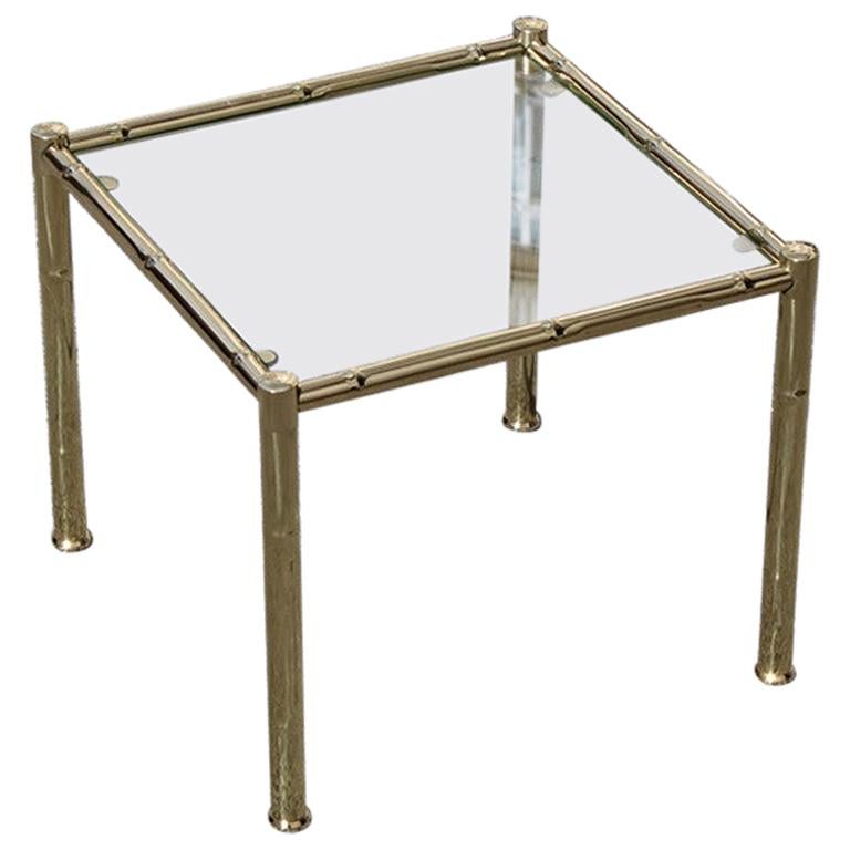 Small Square Table Coffee Solid Brass Gold Italian Design 1970 Glass Top