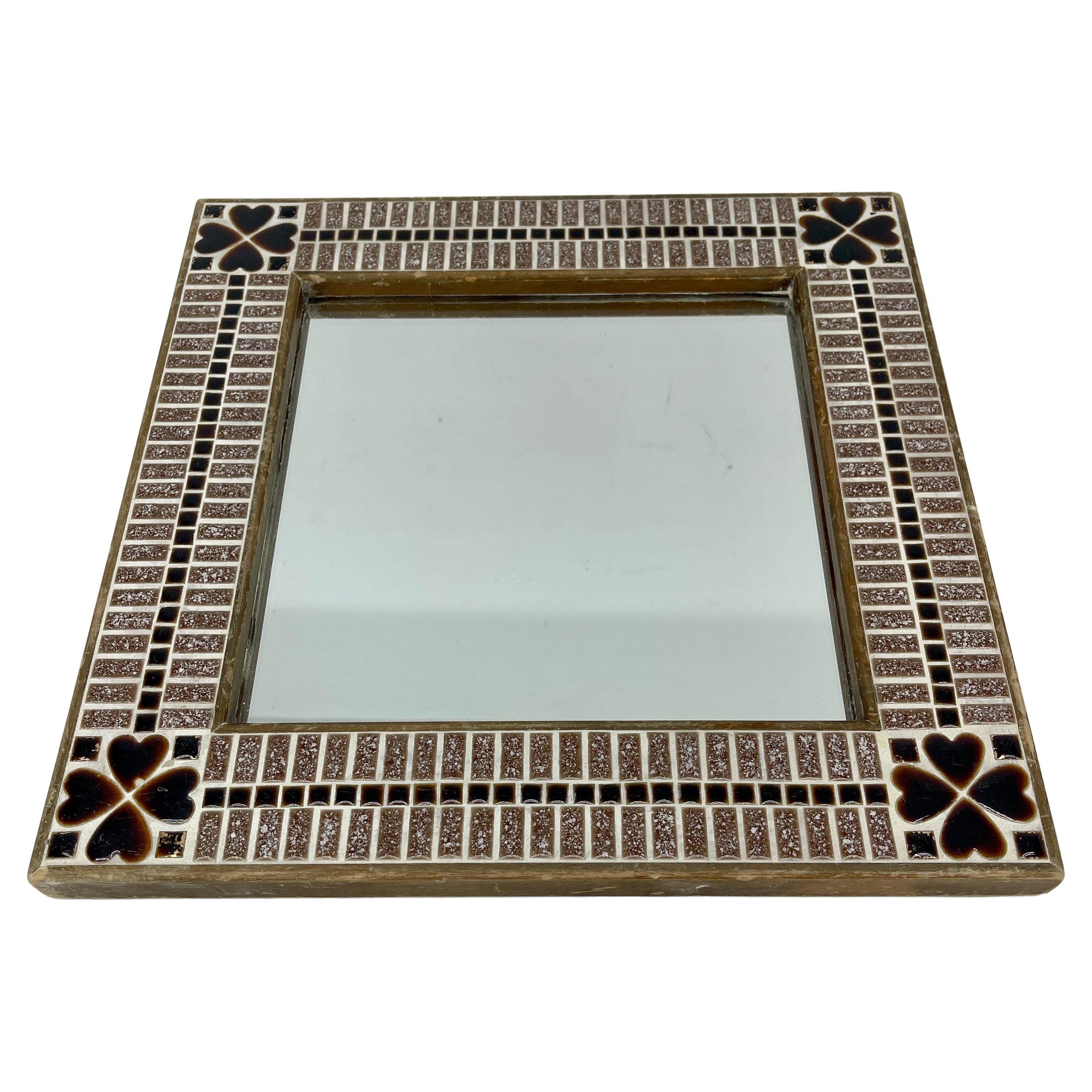 Mid-Century Modern Small Square Tile Mirror with Heart Decorations For Sale