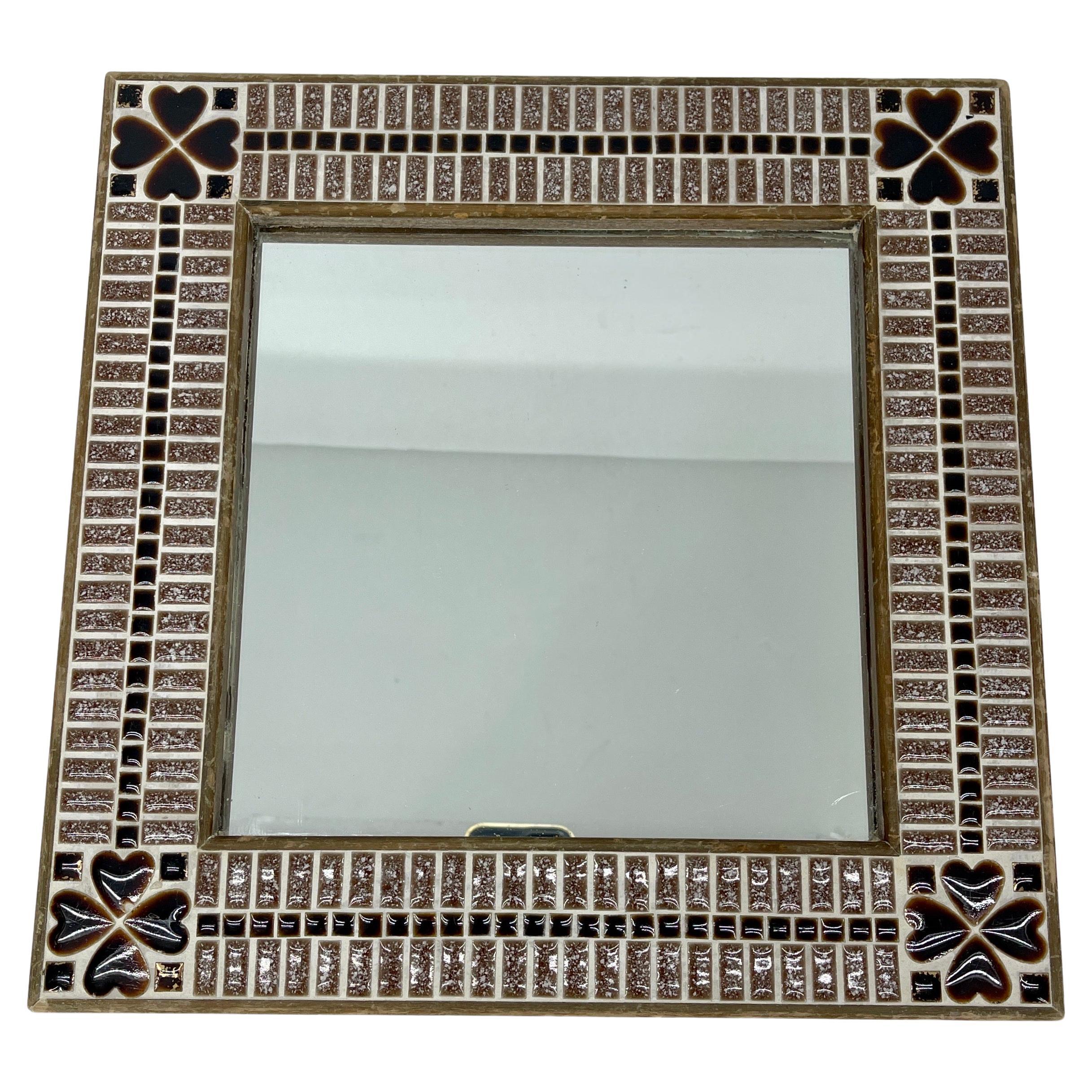 Hand-Crafted Small Square Tile Mirror with Heart Decorations For Sale