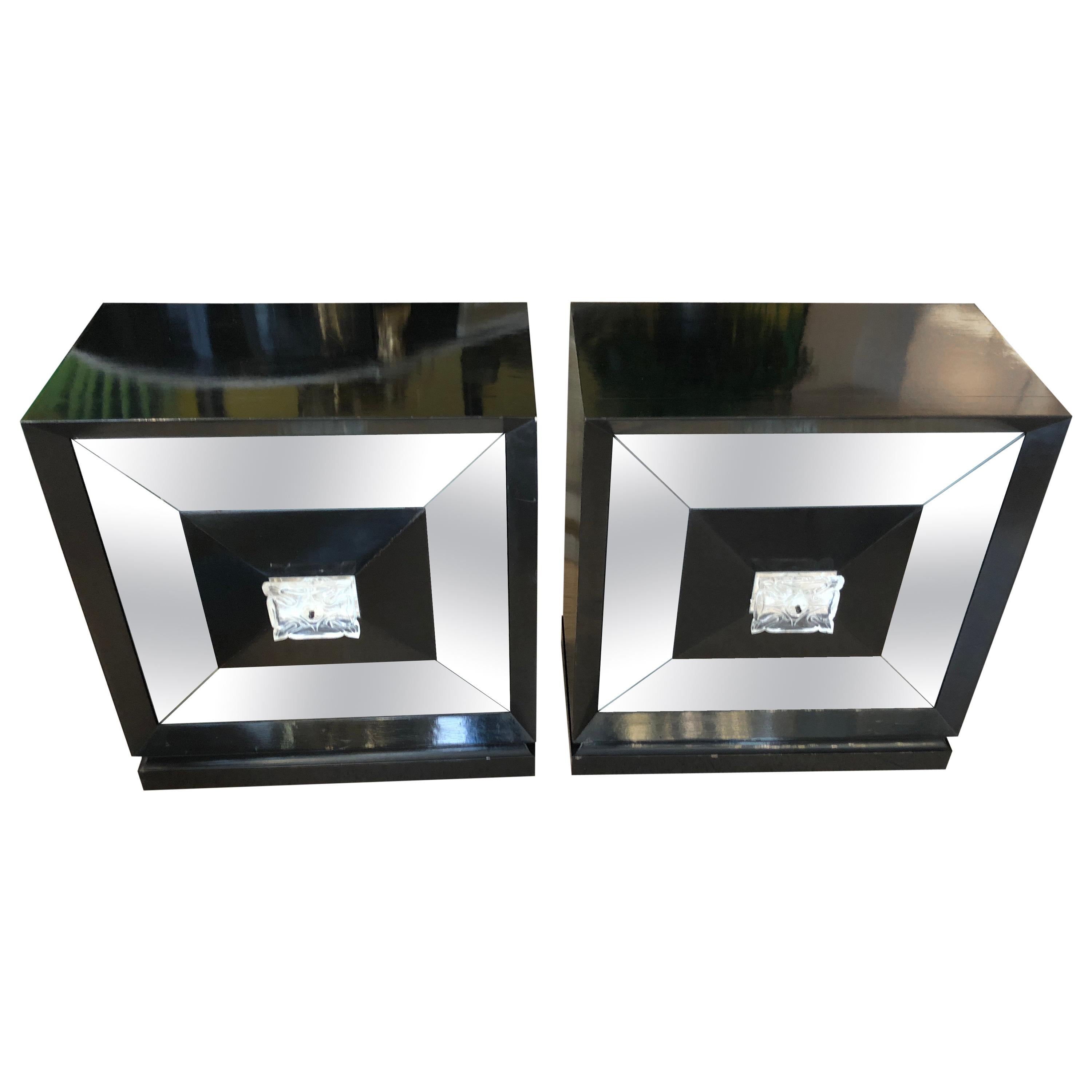 Small Squared Mirrored Front Door Black Wood Sideboards, France, 1970