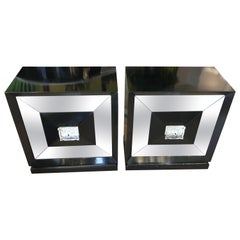 Vintage Small Squared Mirrored Front Door Black Wood Sideboards, France, 1970