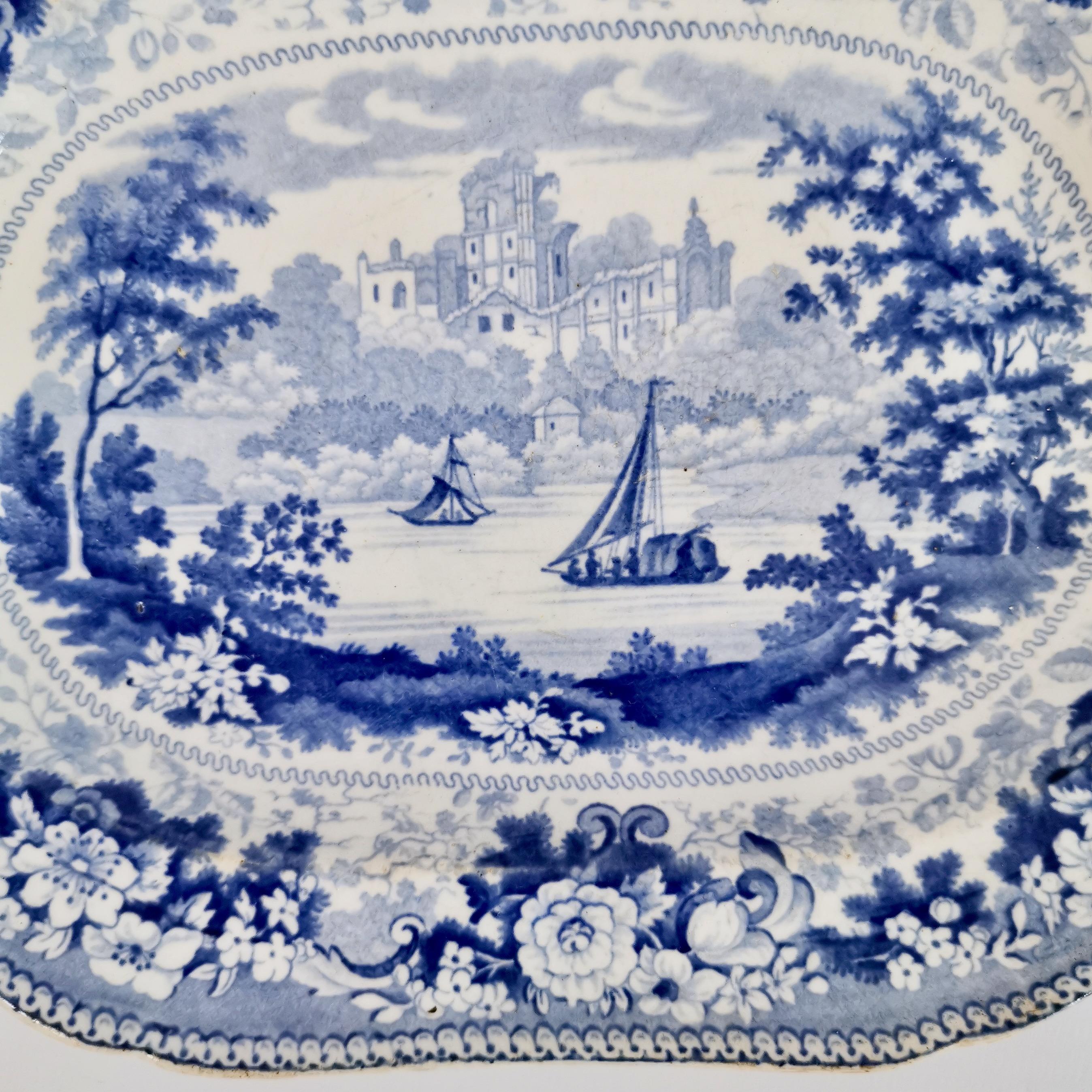 Small Staffordshire Semi China Platter, Blue and White English Scenery, ca 1840 1