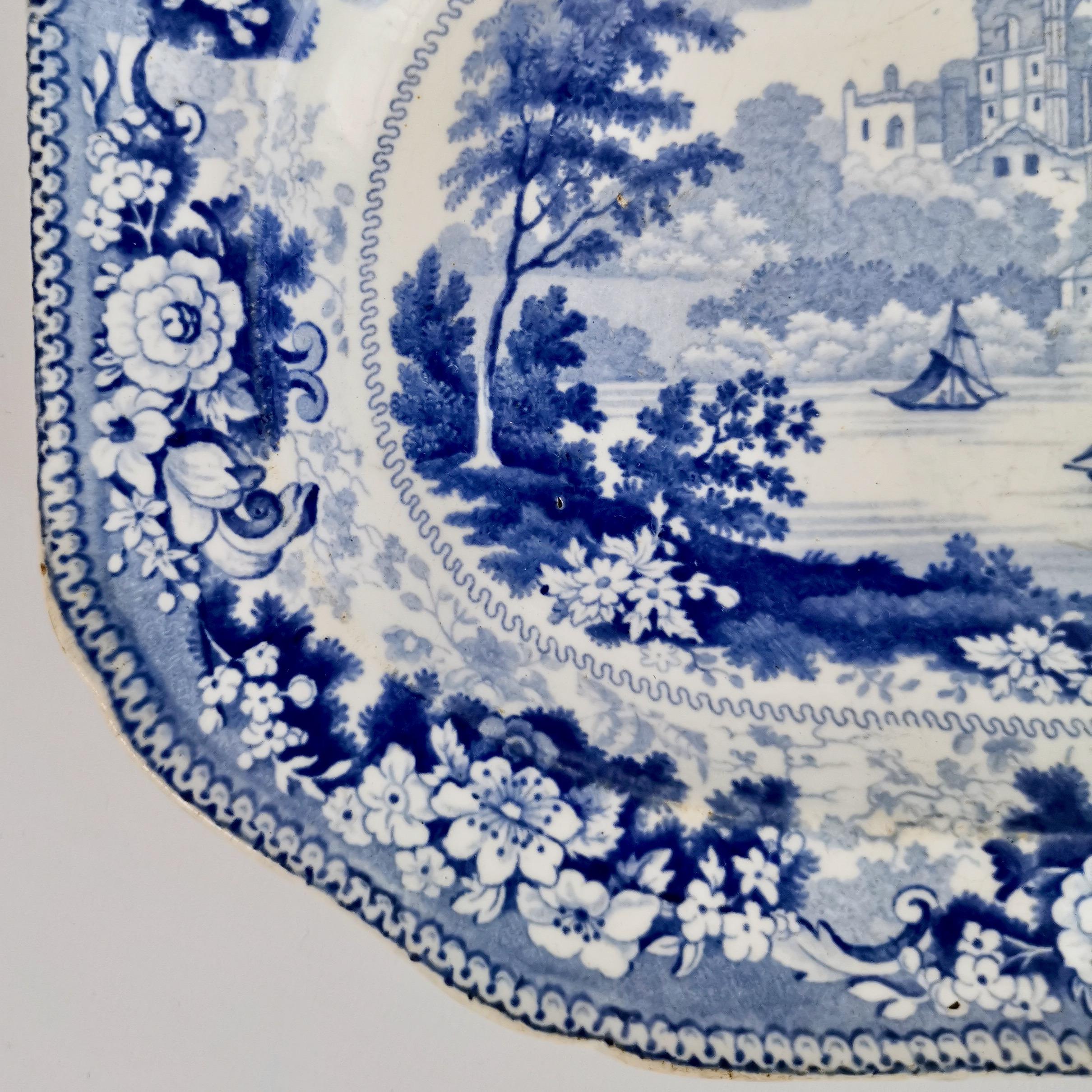 Small Staffordshire Semi China Platter, Blue and White English Scenery, ca 1840 2