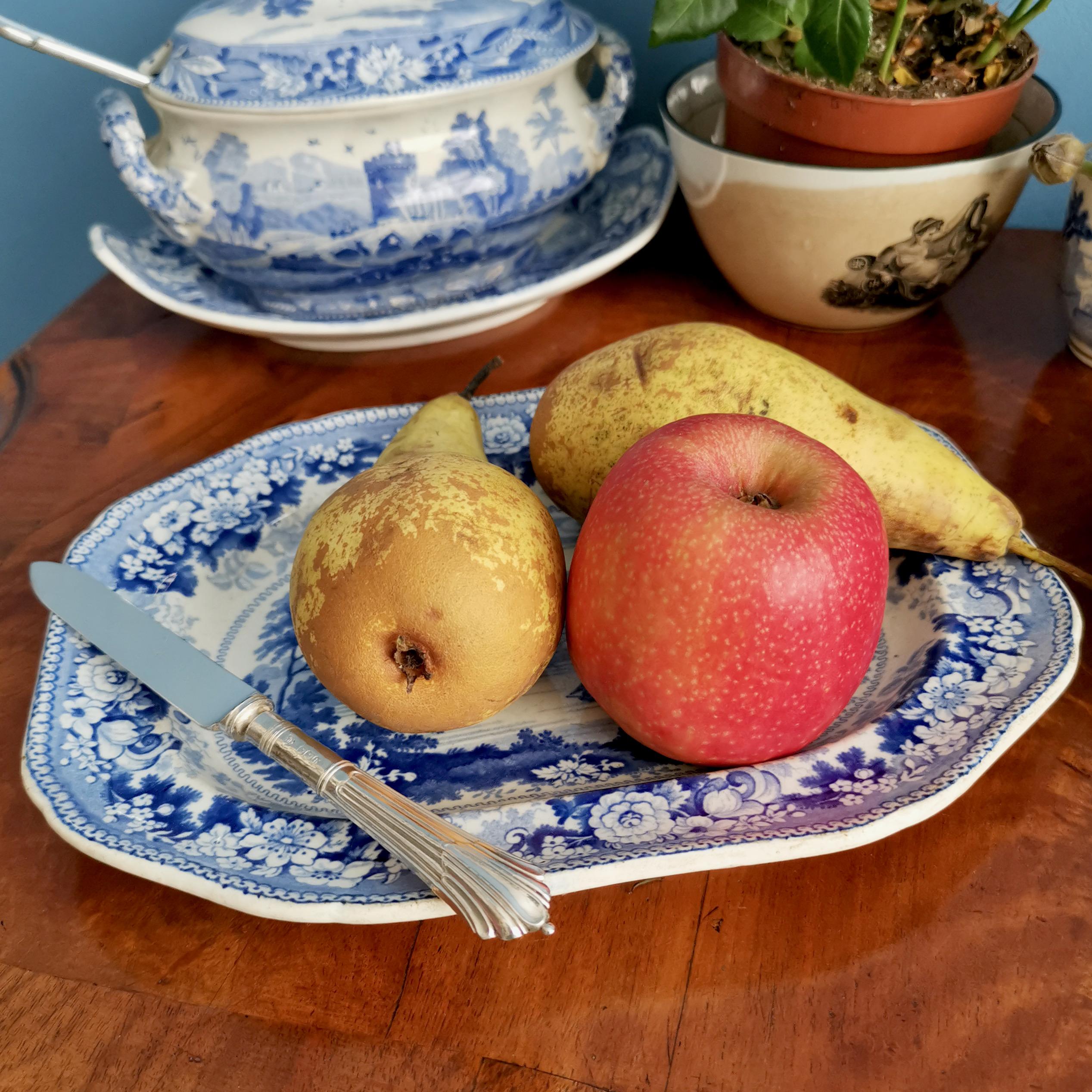 This is a small charming semi china serving platter made by an unknown Staffordshire factory probably around 1840. It has a blue on white transfer print of a lake scene, and on the underside is printed 