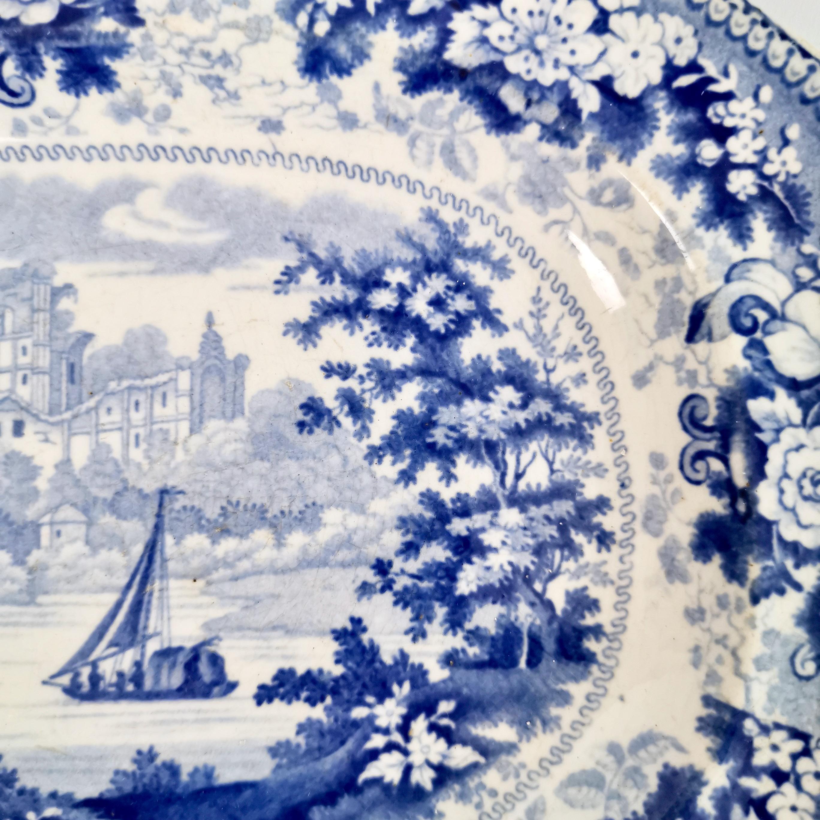 Early Victorian Small Staffordshire Semi China Platter, Blue and White English Scenery, ca 1840