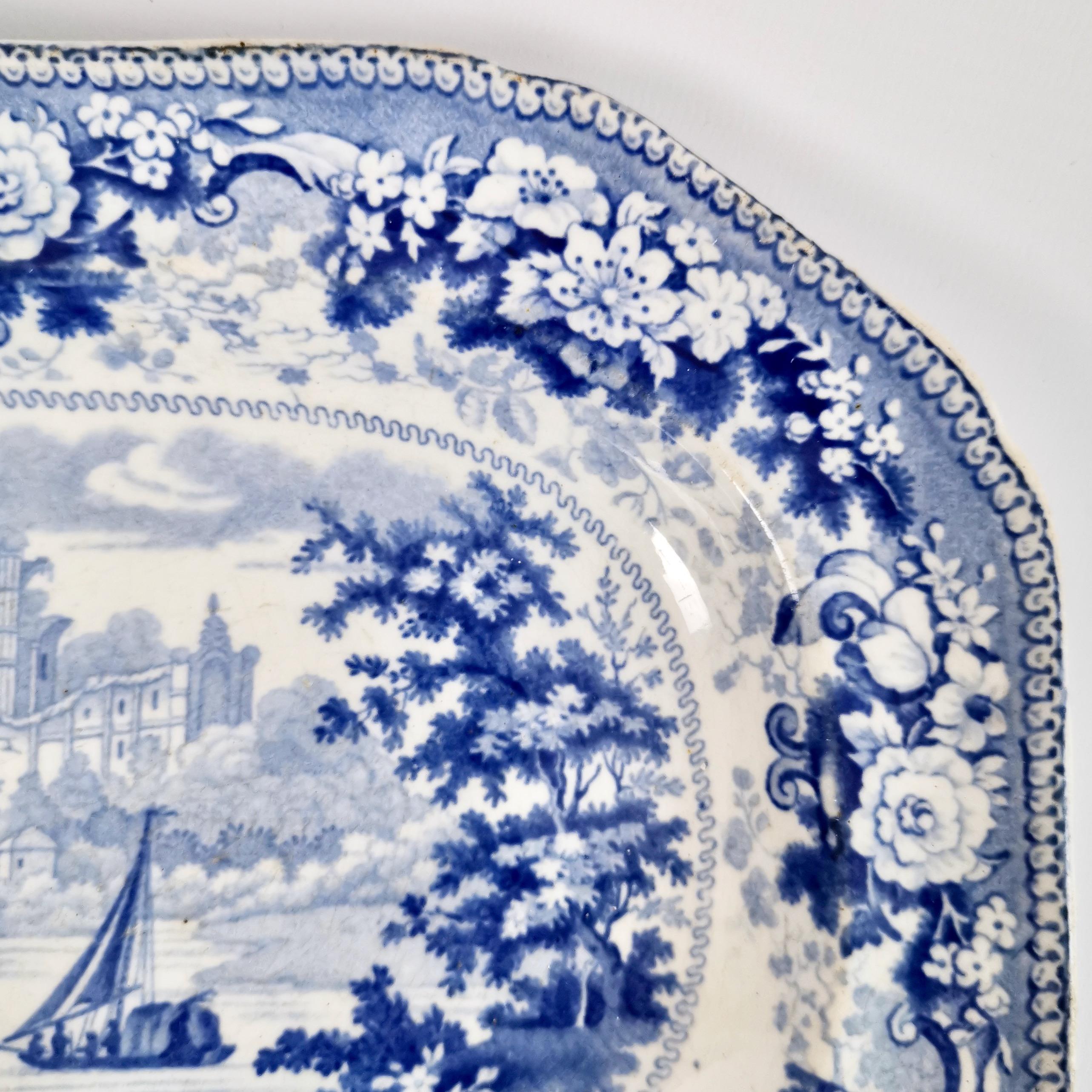 Mid-19th Century Small Staffordshire Semi China Platter, Blue and White English Scenery, ca 1840