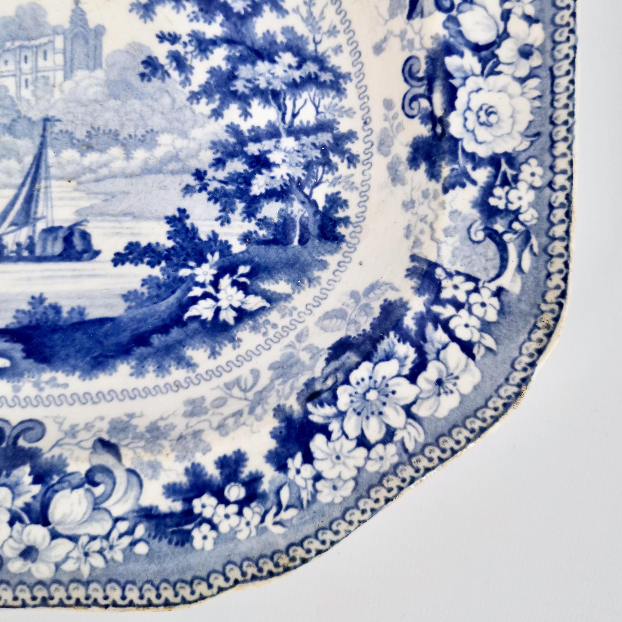 Porcelain Small Staffordshire Semi China Platter, Blue and White English Scenery, ca 1840