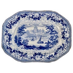 Small Staffordshire Semi China Platter, Blue and White English Scenery, ca 1840