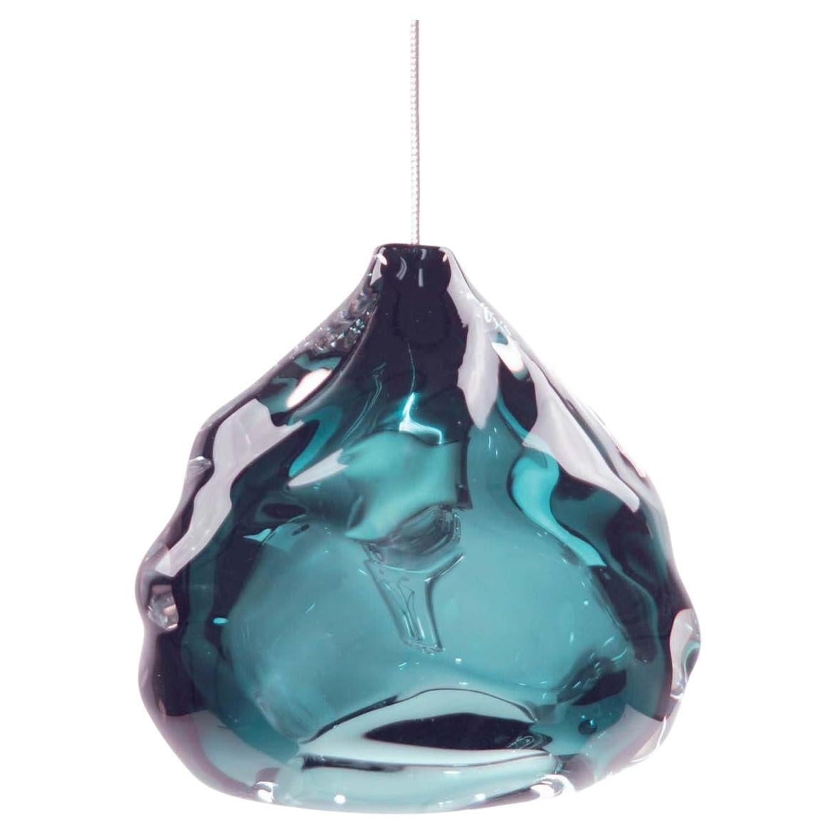 Petite lampe à suspension bleue en acier, verre soufflé à la main, fabriquée sur commande en vente