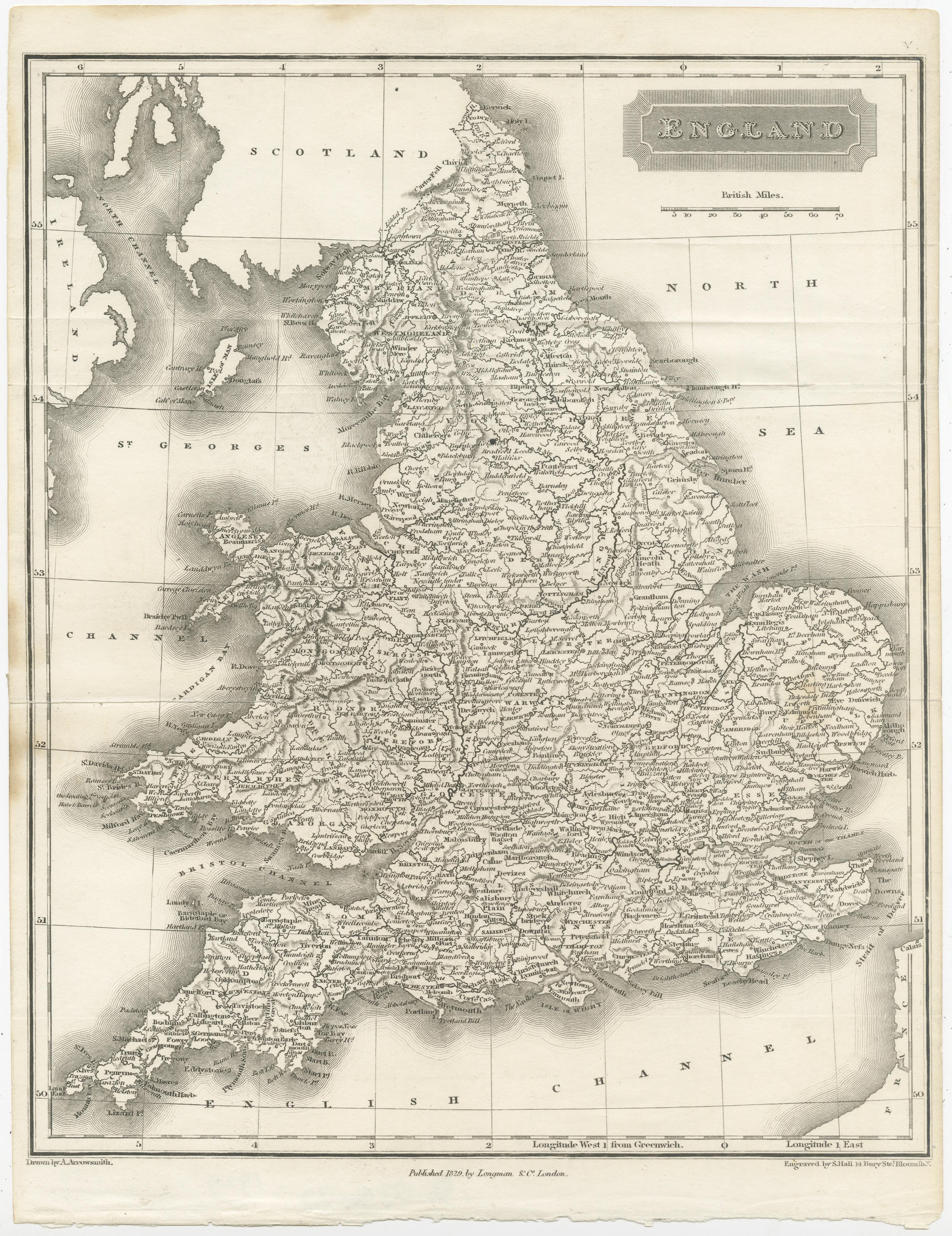 Antique map titled 'England'. Original steel engraved map of England. Drawn by A. Arrowsmith, engraved by S. Hall. Published 1829 by Longman & Co, London.