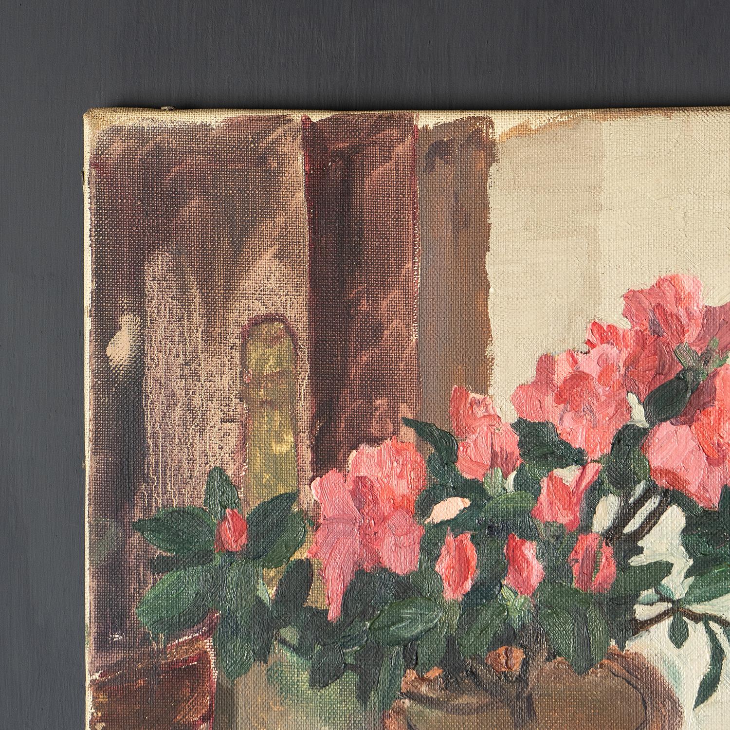 Canvas Small Vintage Still Life Depicting Pink Flowers and Citrus Fruit, Original Oil