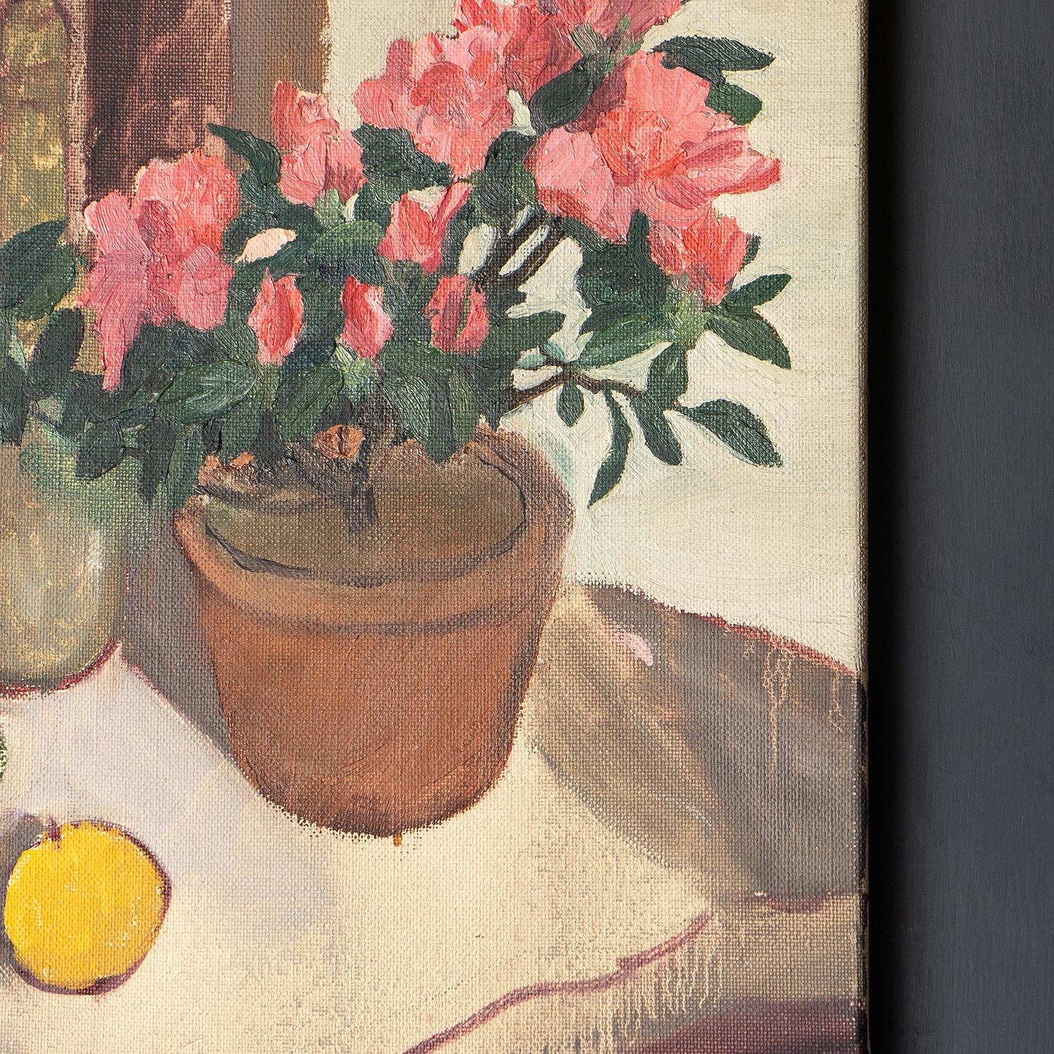 Small Vintage Still Life Depicting Pink Flowers and Citrus Fruit, Original Oil 1