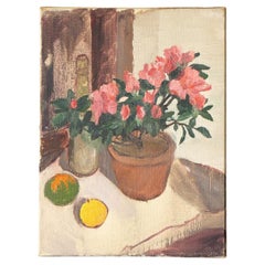 Small Vintage Still Life Depicting Pink Flowers and Citrus Fruit, Original Oil