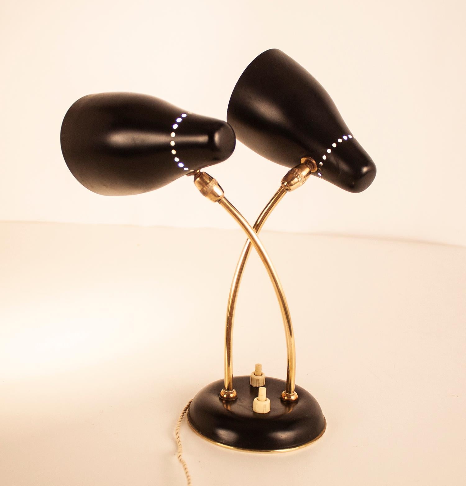 Midcentury Small Stilnovo Style Table Lamp Black Metal and Brass, Spain, 1950s 7