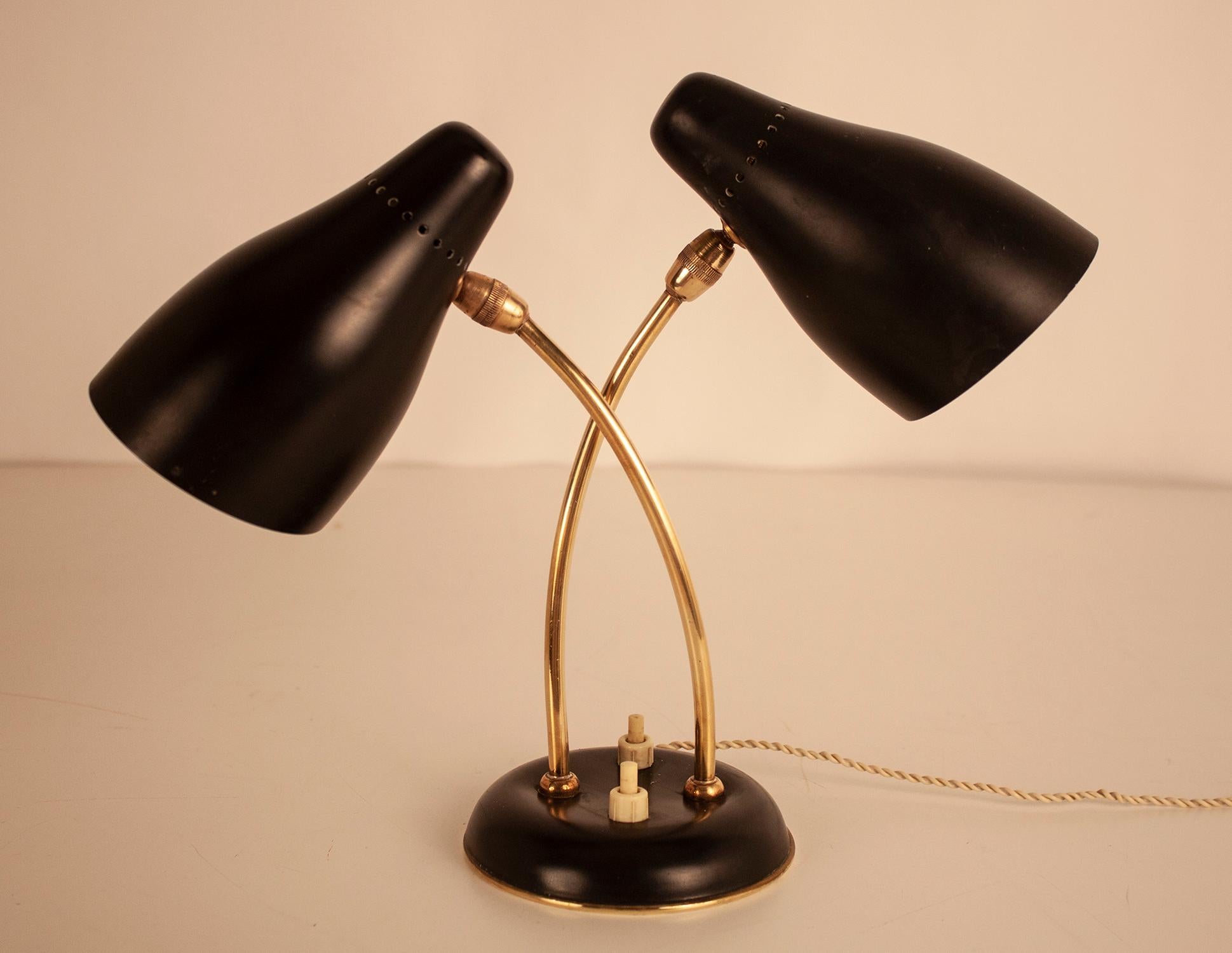 Mid-Century Modern  Midcentury Small Stilnovo Style Table Lamp Black Metal and Brass, Spain, 1950s