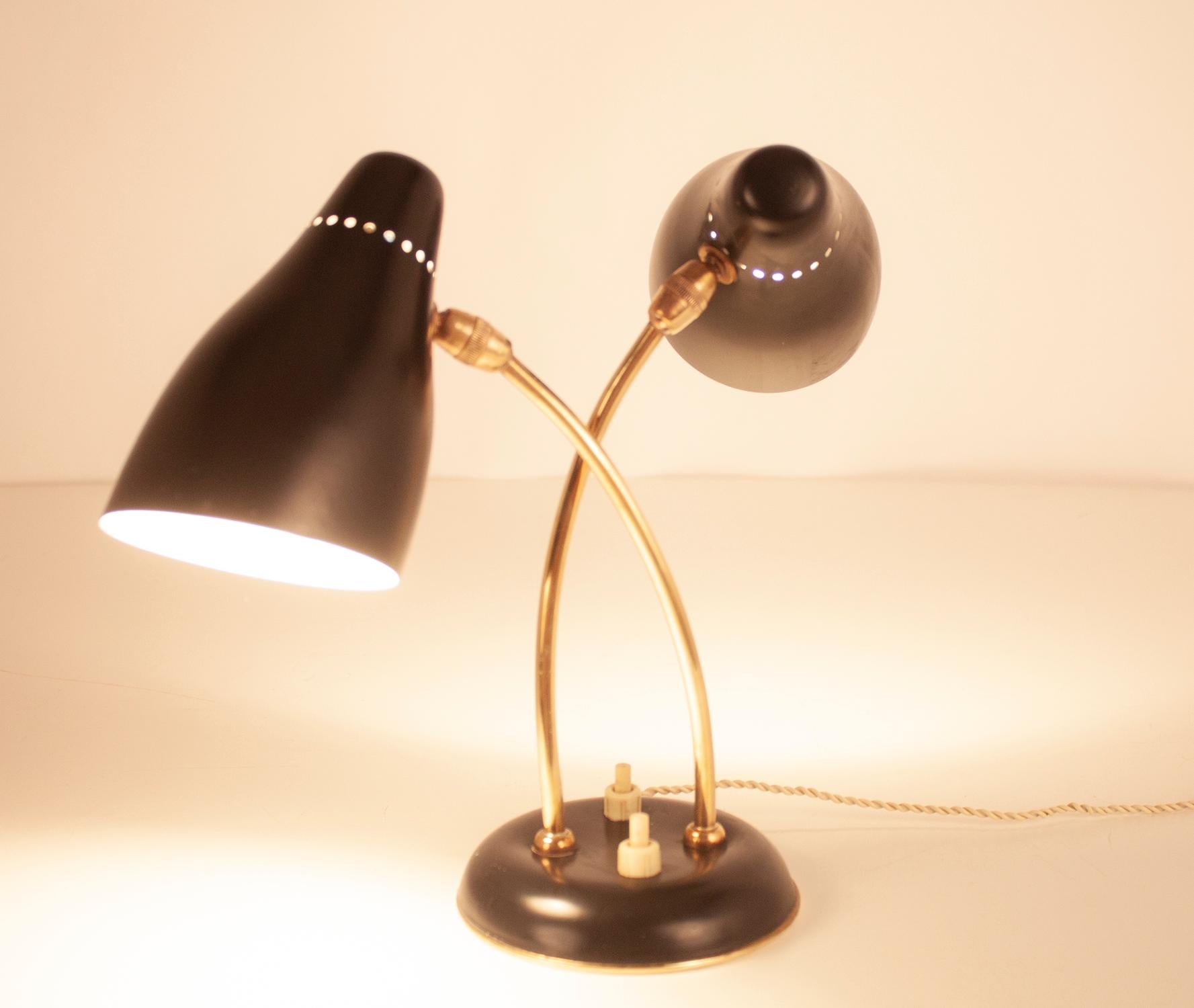 Spanish  Midcentury Small Stilnovo Style Table Lamp Black Metal and Brass, Spain, 1950s