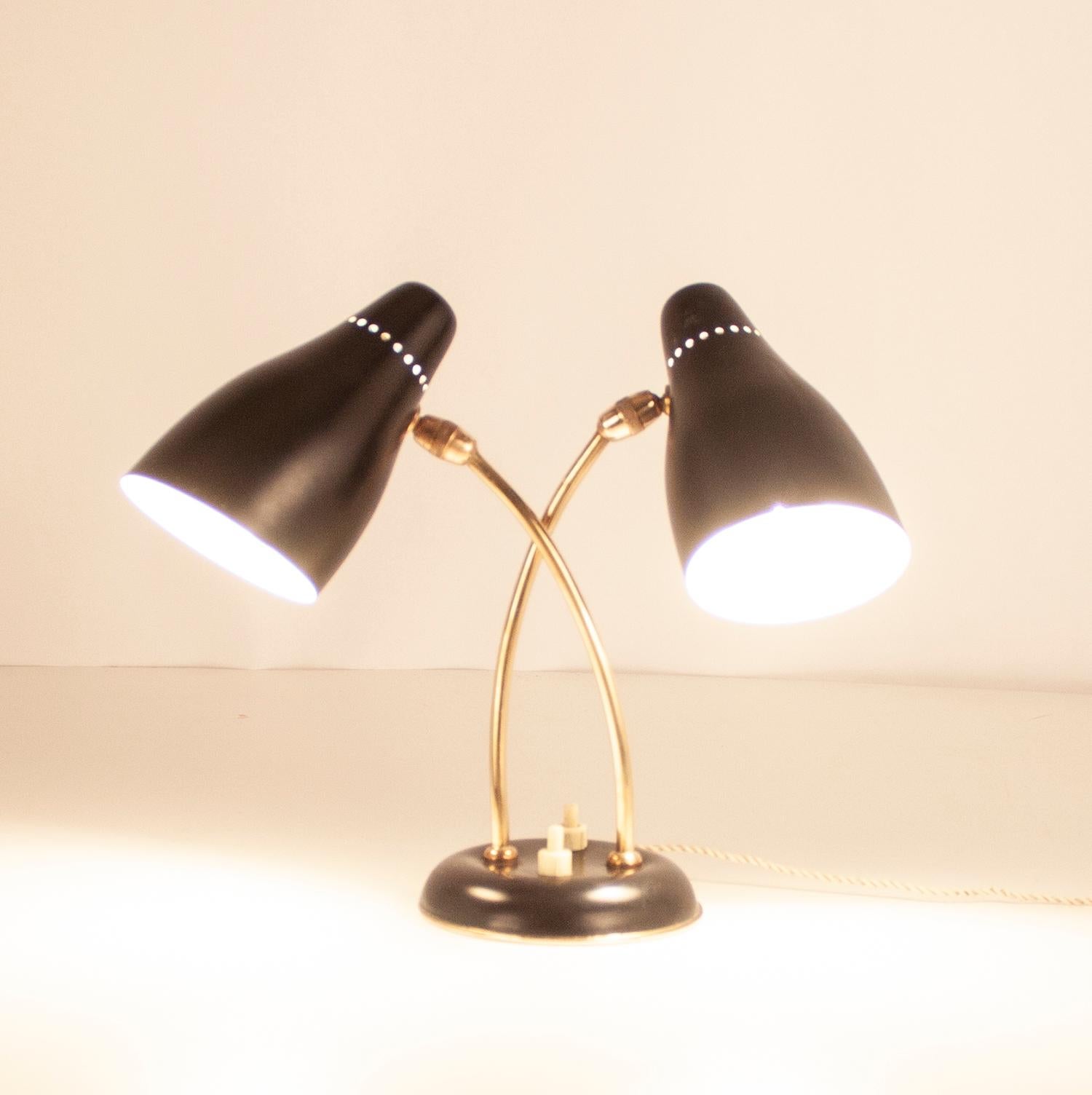 Mid-20th Century  Midcentury Small Stilnovo Style Table Lamp Black Metal and Brass, Spain, 1950s