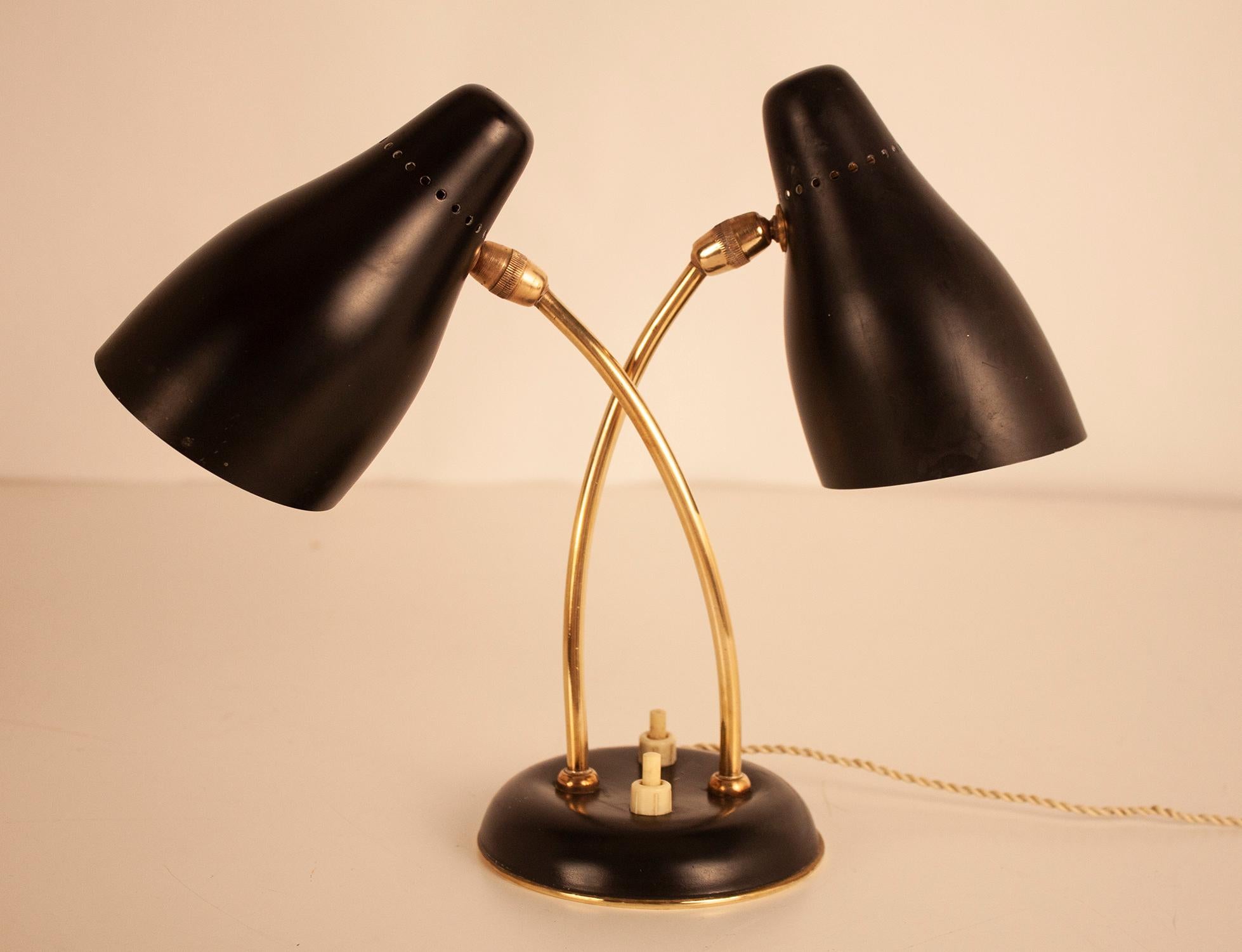  Midcentury Small Stilnovo Style Table Lamp Black Metal and Brass, Spain, 1950s 1