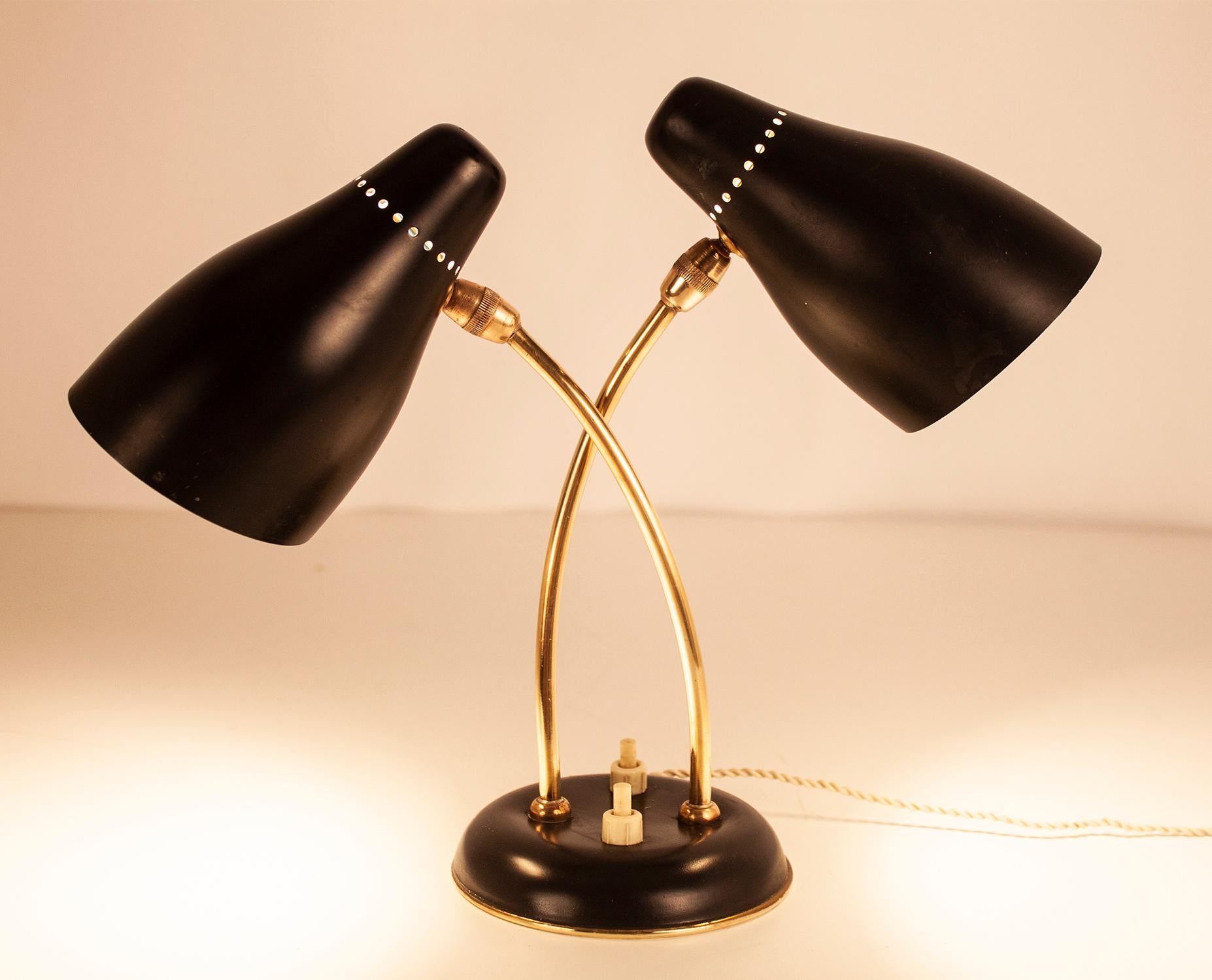  Midcentury Small Stilnovo Style Table Lamp Black Metal and Brass, Spain, 1950s 2