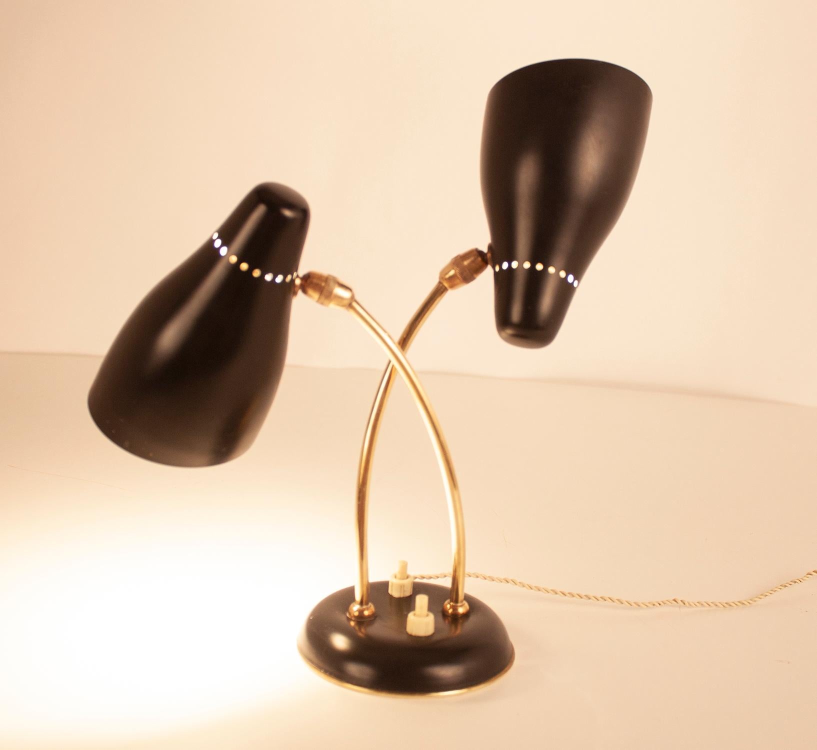  Midcentury Small Stilnovo Style Table Lamp Black Metal and Brass, Spain, 1950s 3