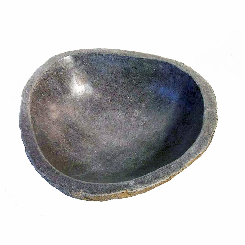 A small river stone bowl with a polished basin. Hand carved in Indonesia. Contemporary. Suitable for conversion as a wash sink (professional intervention recommended). Can also be used as a garden decoration, or as a centerpiece bowl on any
