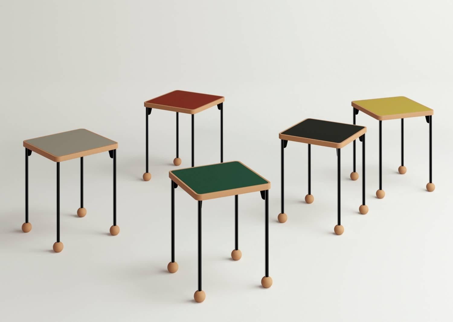 Stools or side tables by Russian designer Dmitry Samygin.

Beechwood, metal and linoleum Forbo
Measures: 45.7 cm x 35.6 cm x 35.6 cm.

Available colors: black, grey, red, yellow and green.

[Sold individually]

After studying applied Arts
