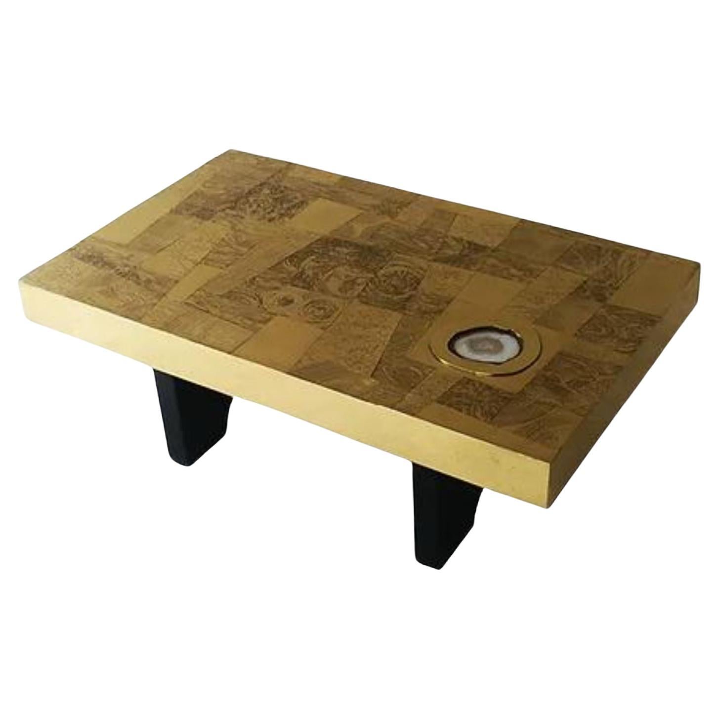 Small Straight 1 Stone And Brass Coffee Table by Brutalist Be For Sale