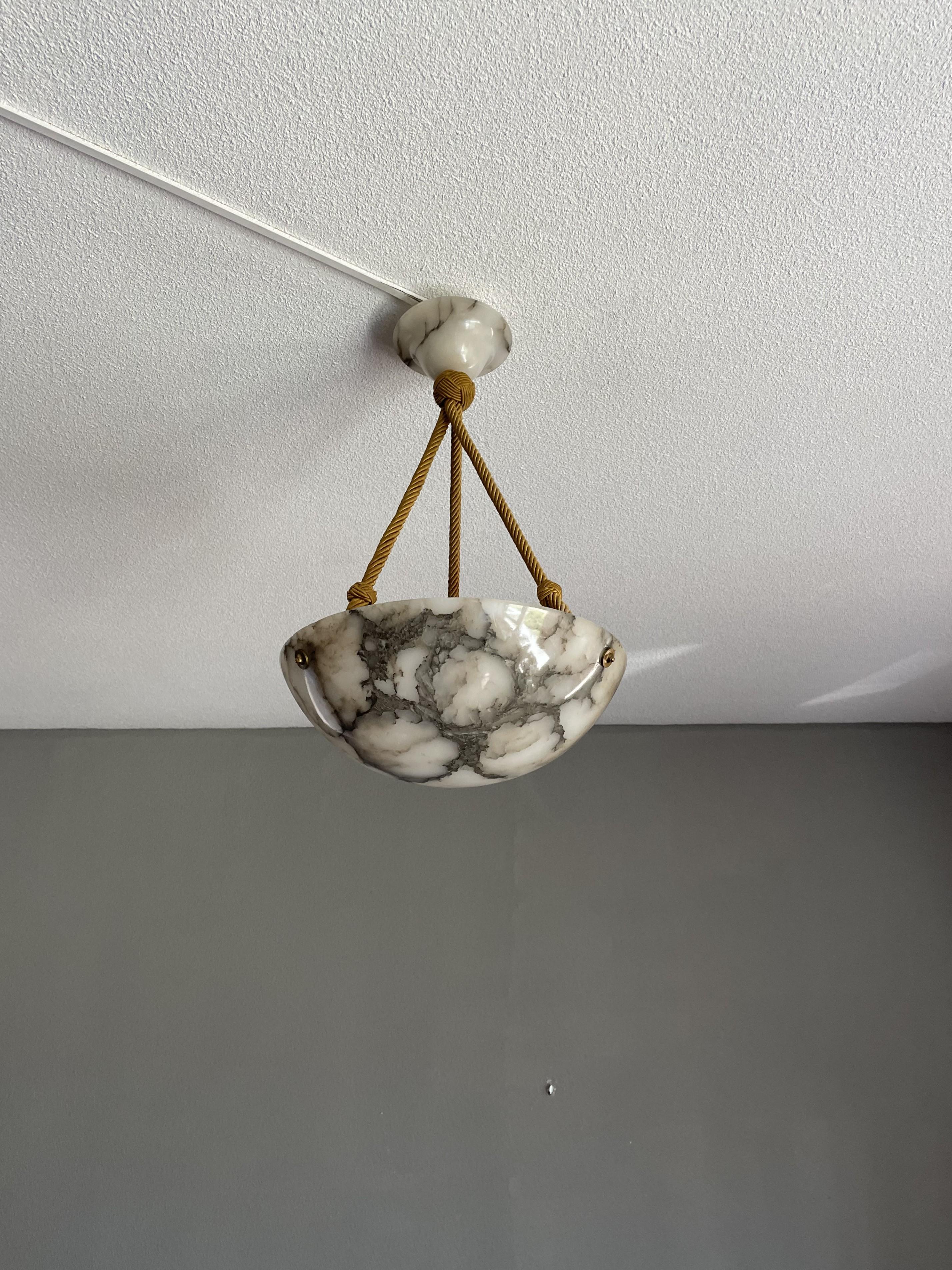 Small & Striking Art Deco Era Moon-Like Alabaster Pendant Light W. Original Rope 6