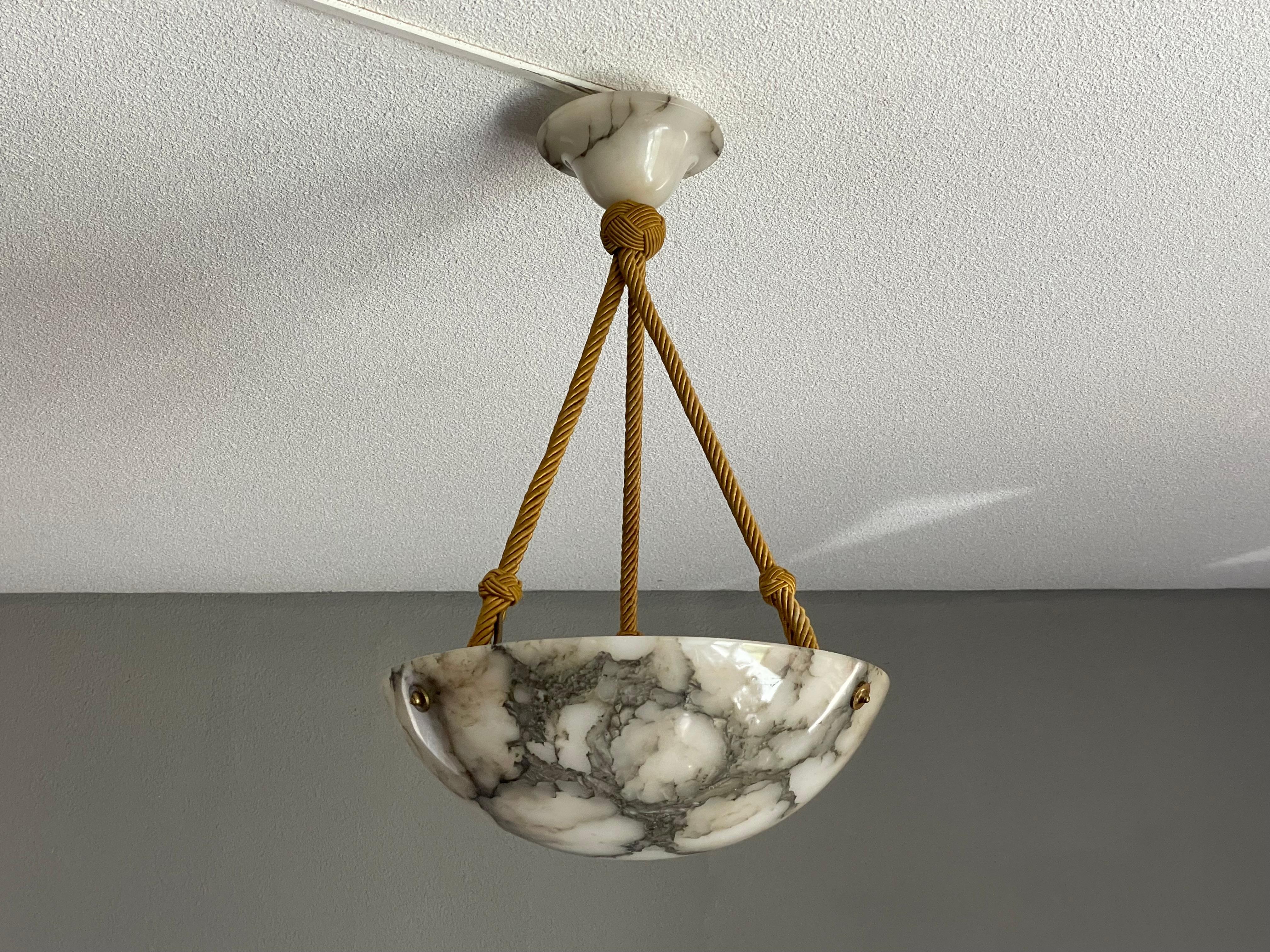 Small & Striking Art Deco Era Moon-Like Alabaster Pendant Light W. Original Rope In Good Condition In Lisse, NL