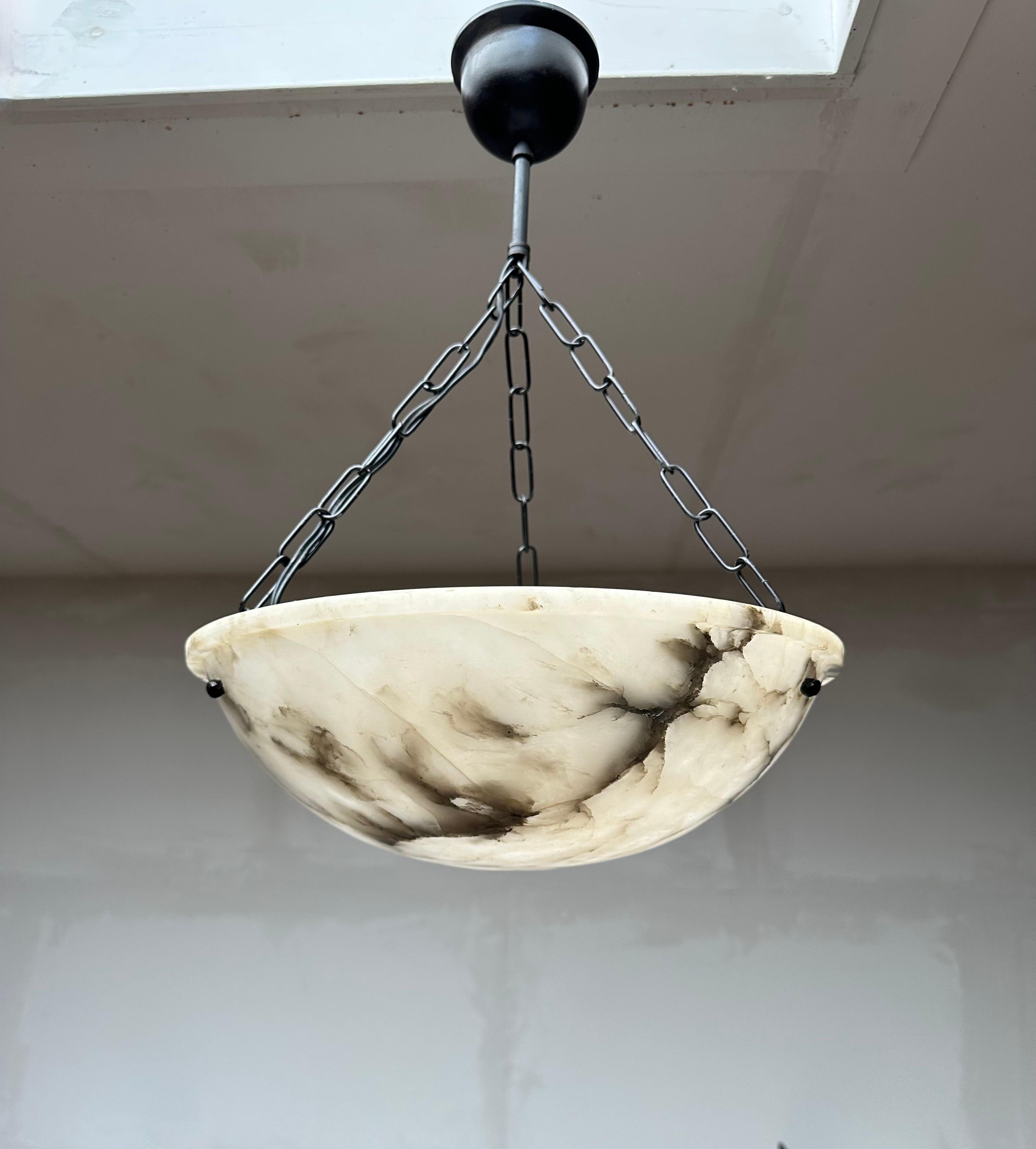 European Small & Striking Art Deco Moon-Like Shape White & Black Alabaster Pendant Light  For Sale