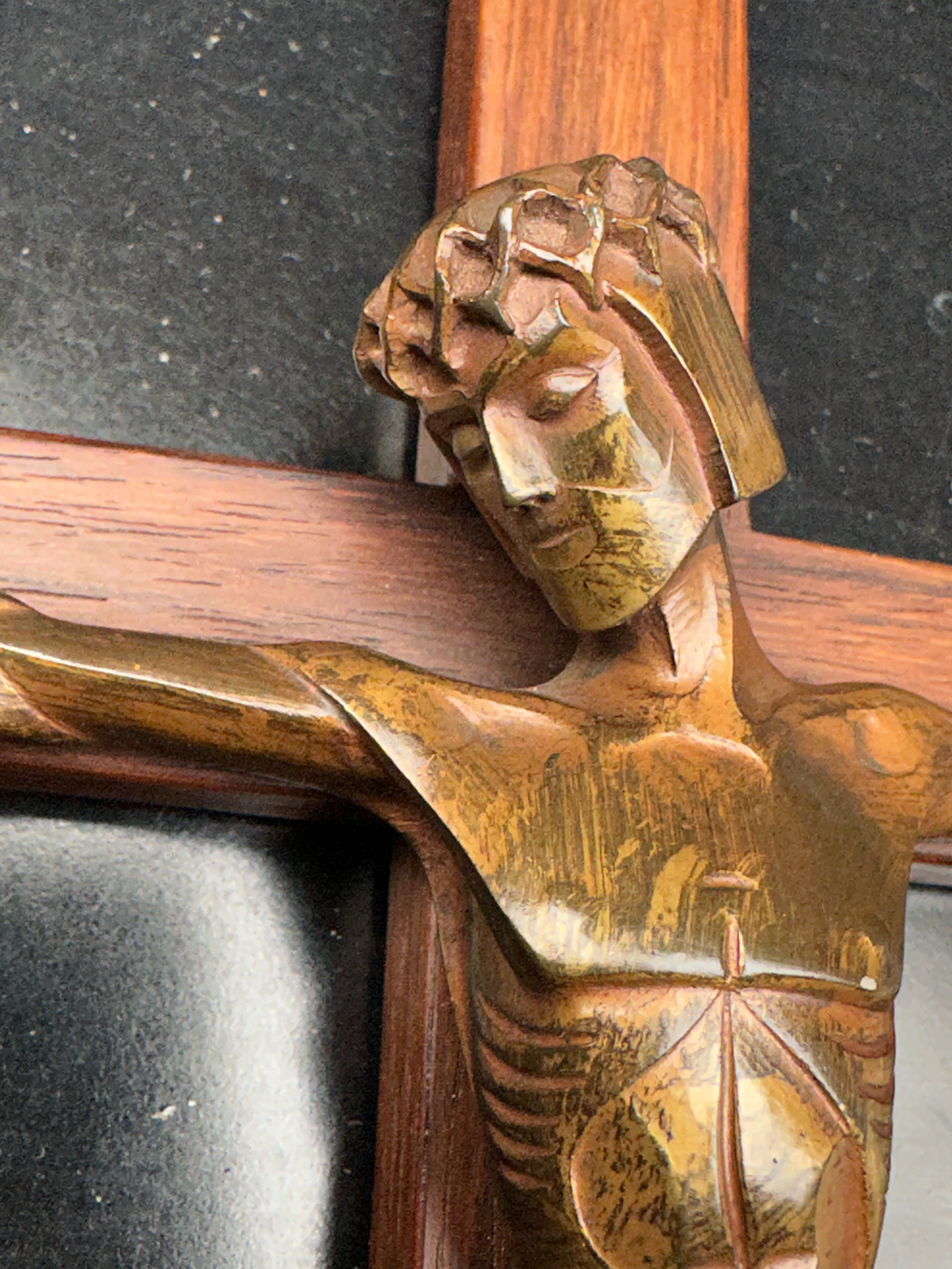 Dutch Small & Rare Art Deco Crucifix w. Stylized Bronze Sculpture of Christ, 1920