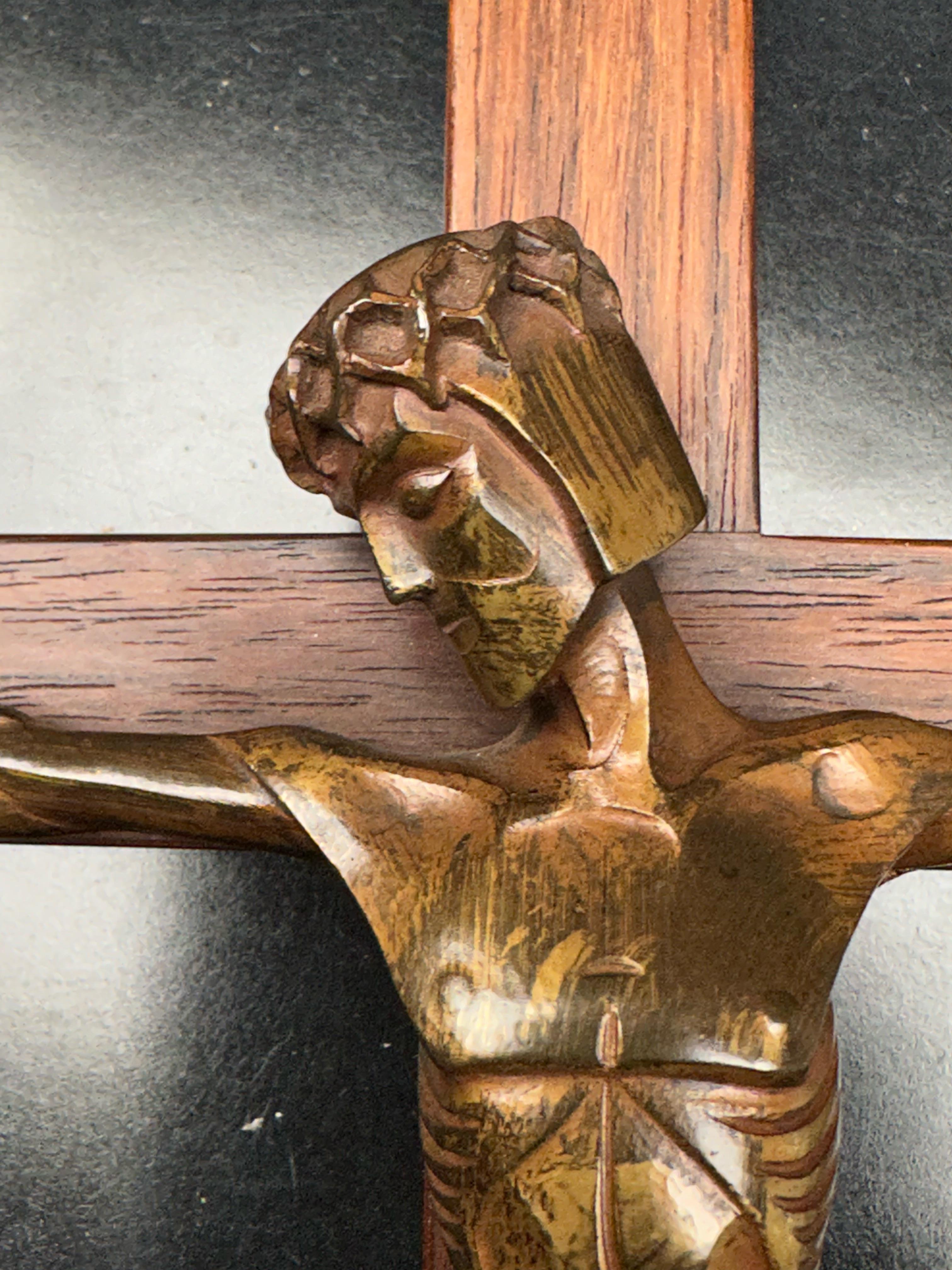 Cast Small & Rare Art Deco Crucifix w. Stylized Bronze Sculpture of Christ, 1920