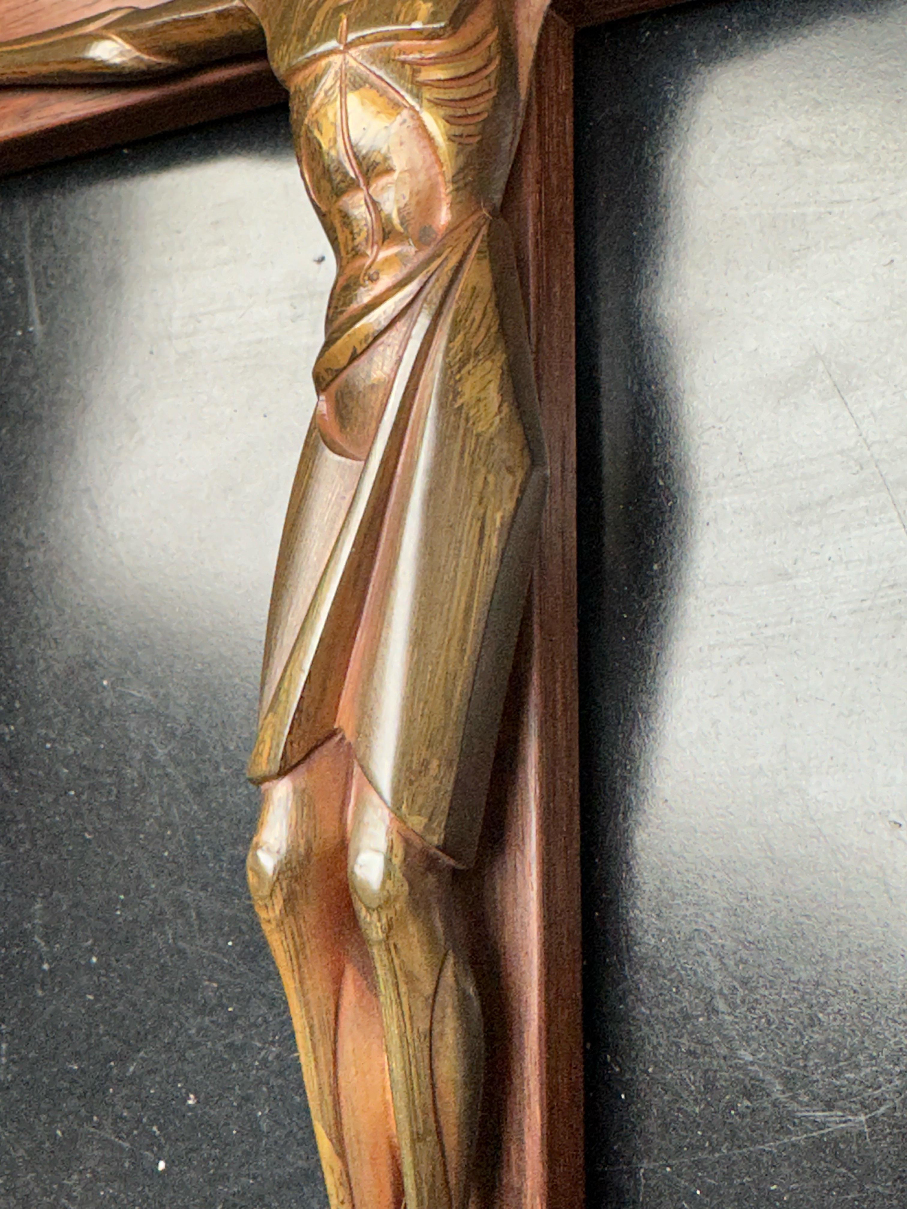 Brass Small & Rare Art Deco Crucifix w. Stylized Bronze Sculpture of Christ, 1920